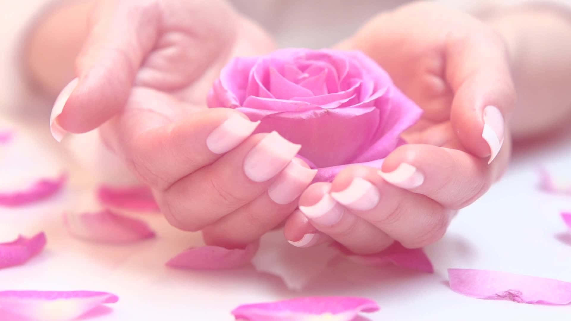 vibrant pink rose, scattered petals, soft white surface, Full HD Desktop Wallpaper