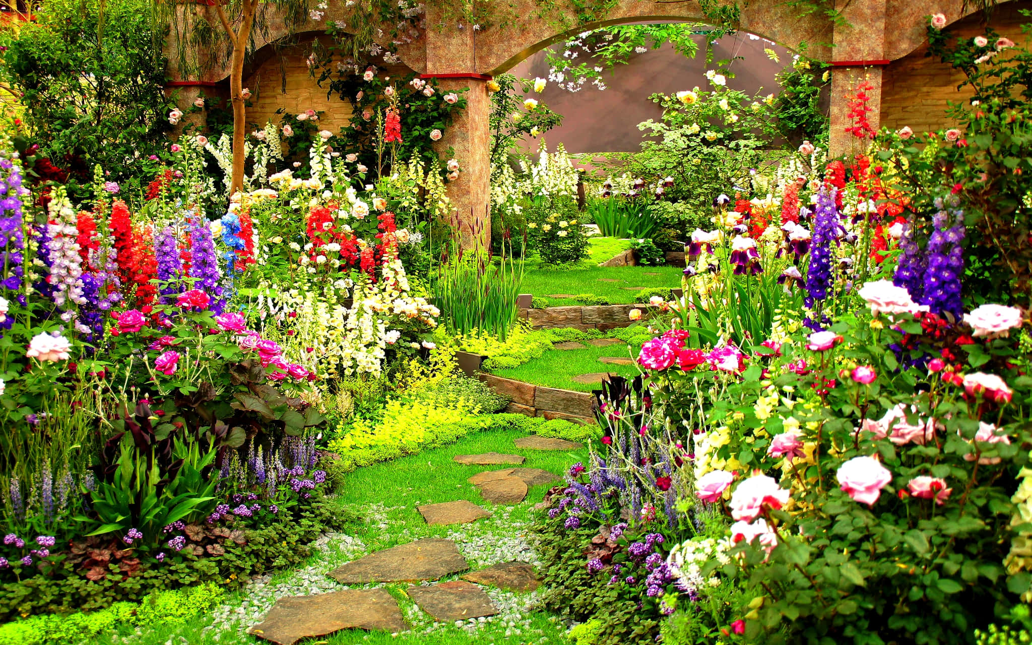 Spring Outdoors, Blooming Spring Meadow, garden path, Full HD Desktop Wallpaper