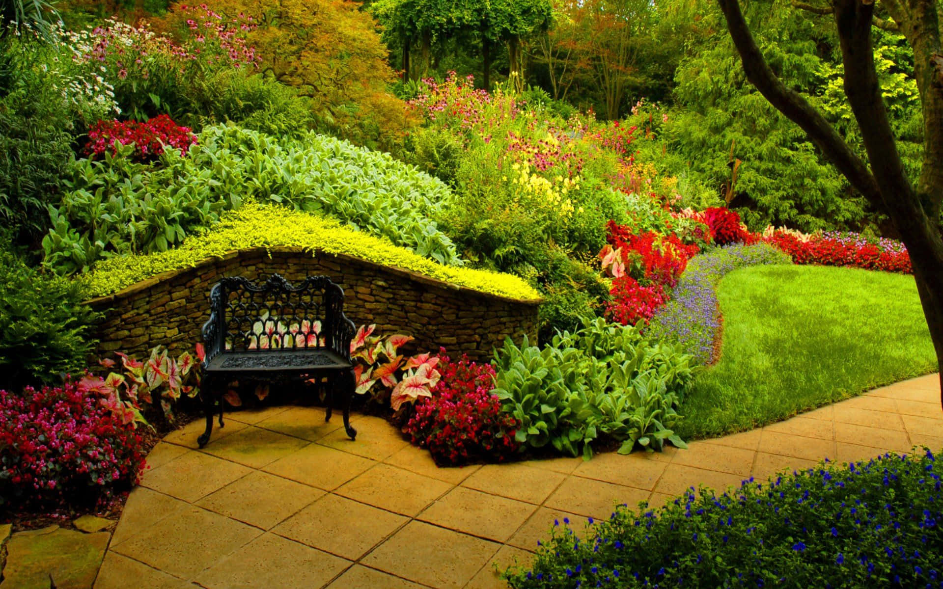 Spring Park, black ornate bench, stone path, Full HD Desktop Wallpaper