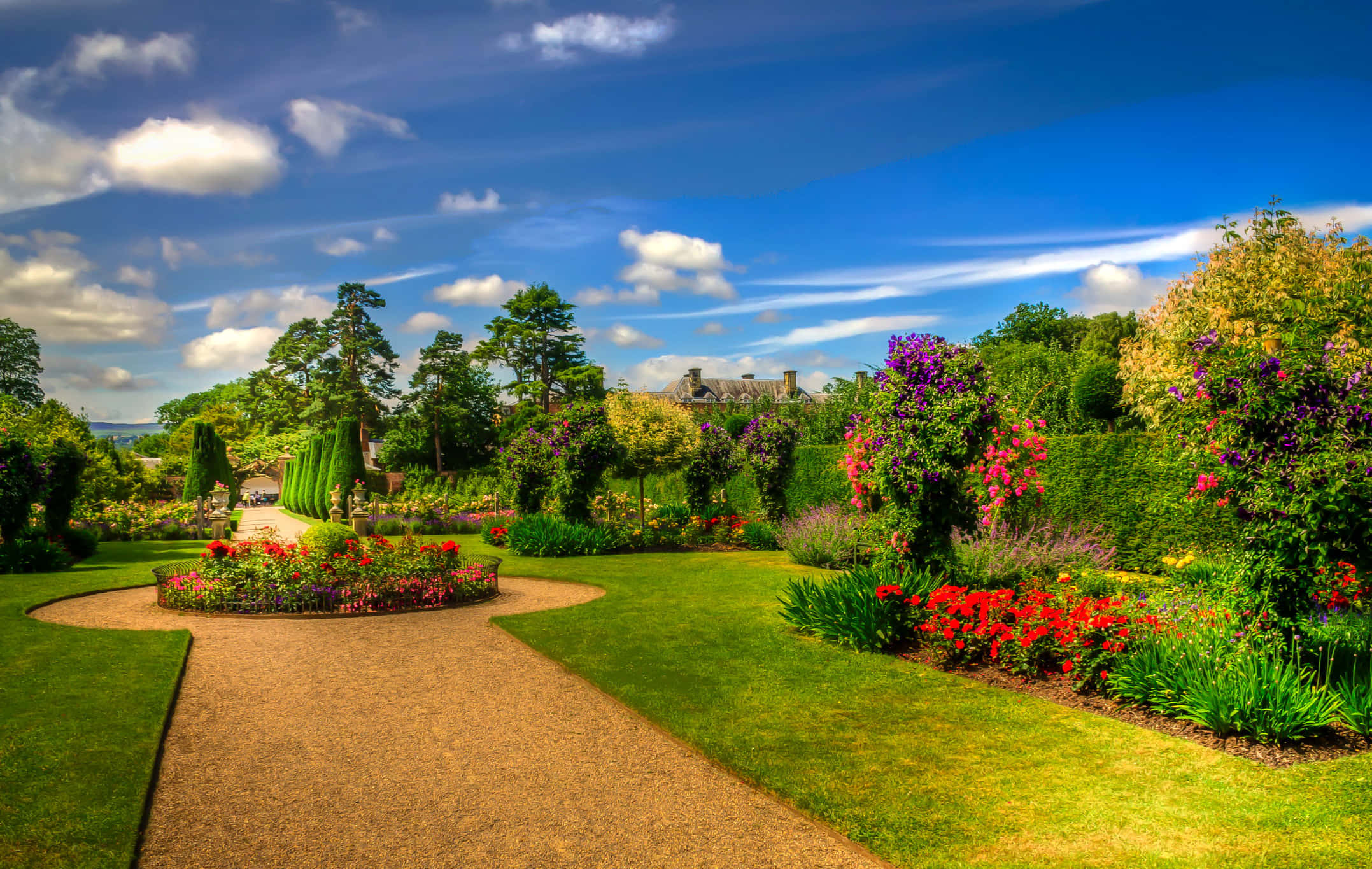 Spring Park, vibrant garden path, lush green lawns, Full HD Desktop Wallpaper