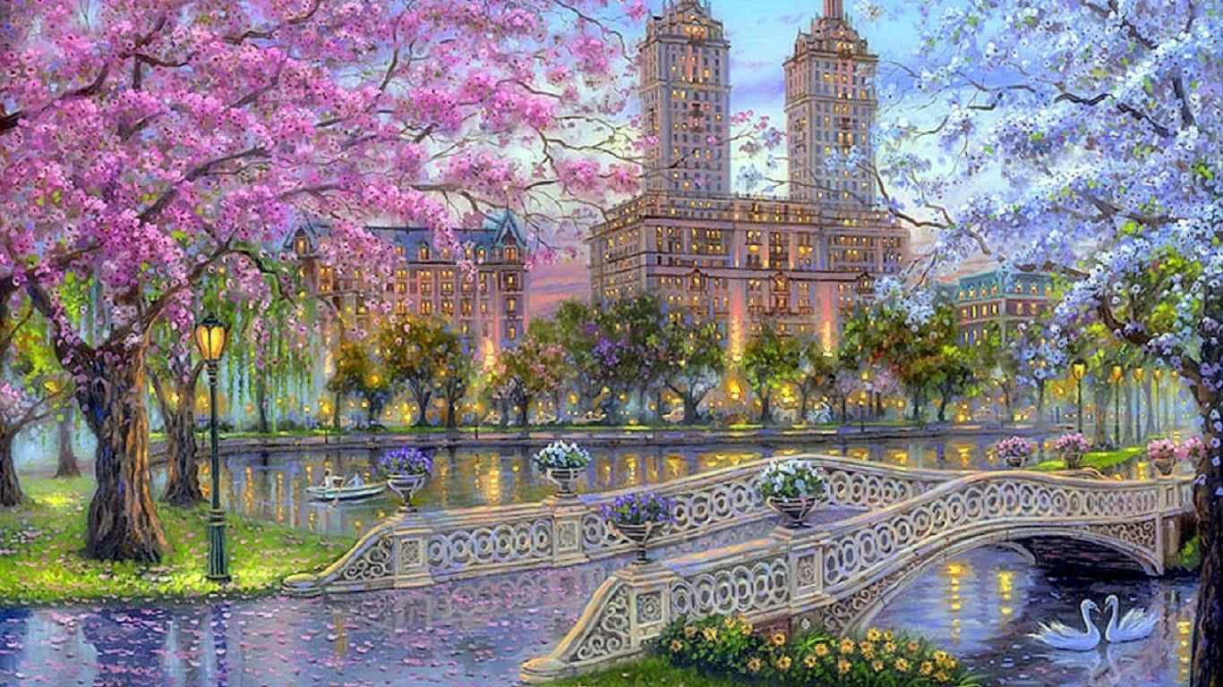 Spring Park, dusk, pink cherry blossoms, HD Desktop Wallpaper