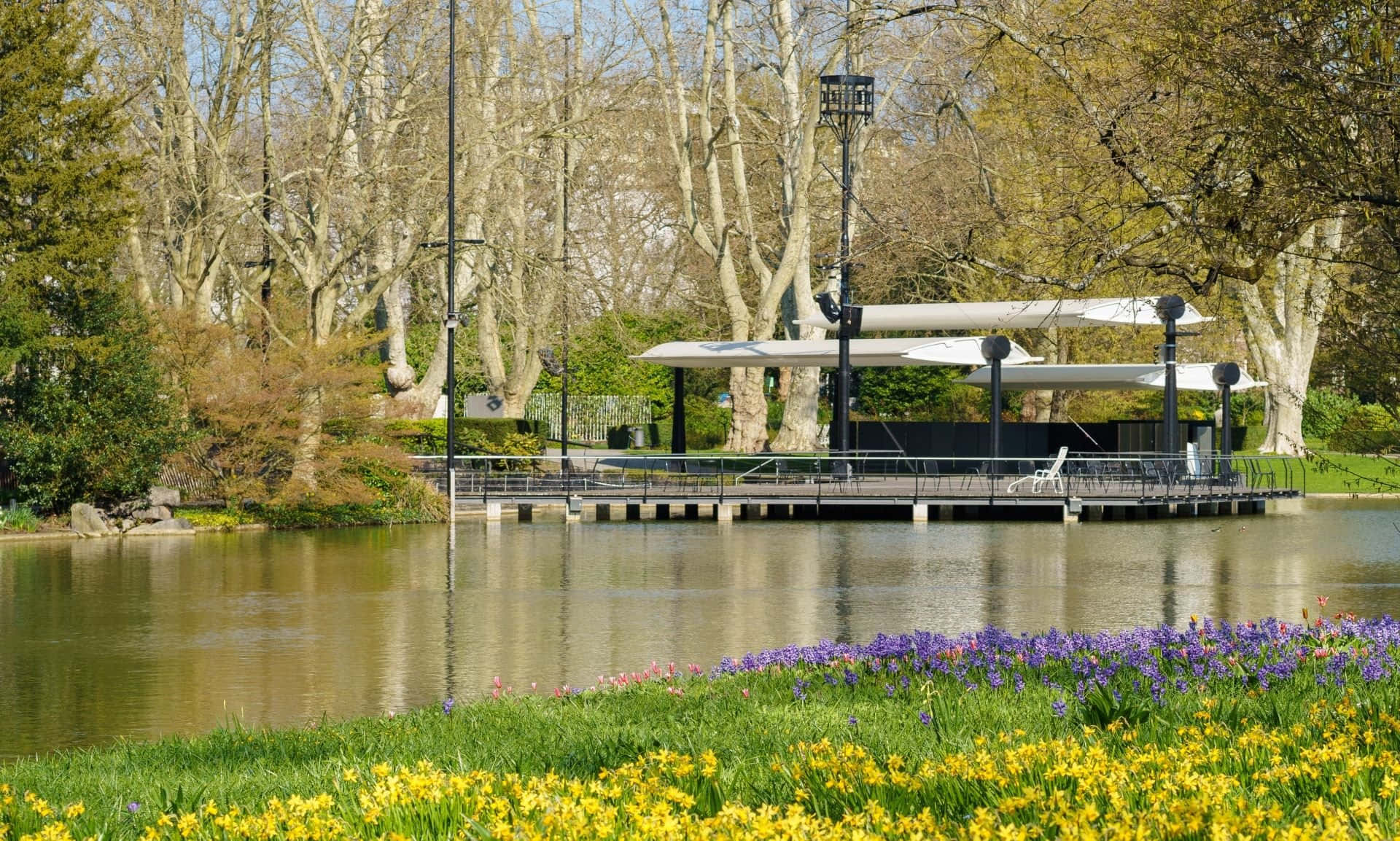 Spring Park, modern pavilion, calm lake, Full HD Desktop Wallpaper