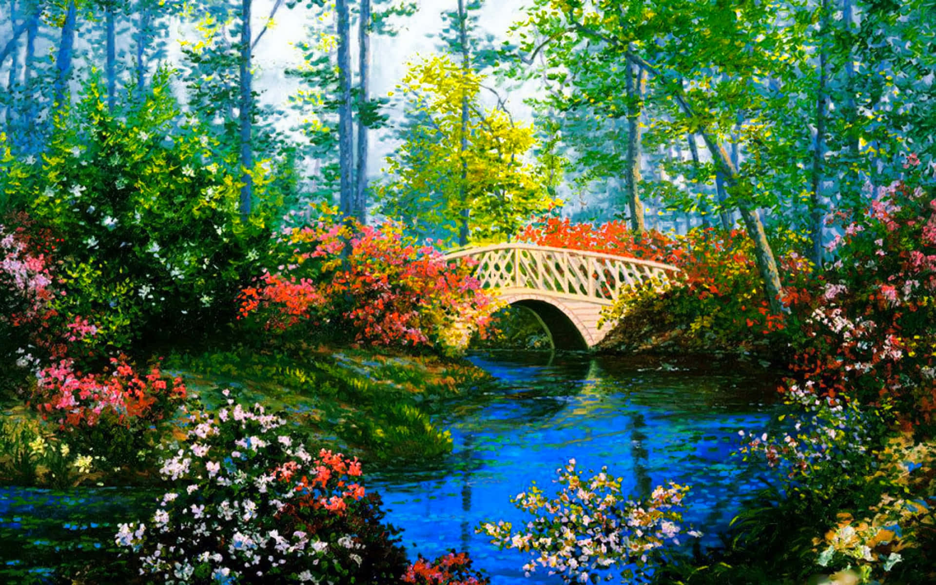 Spring Park, wooden arched bridge, serene blue river, Full HD Desktop Wallpaper