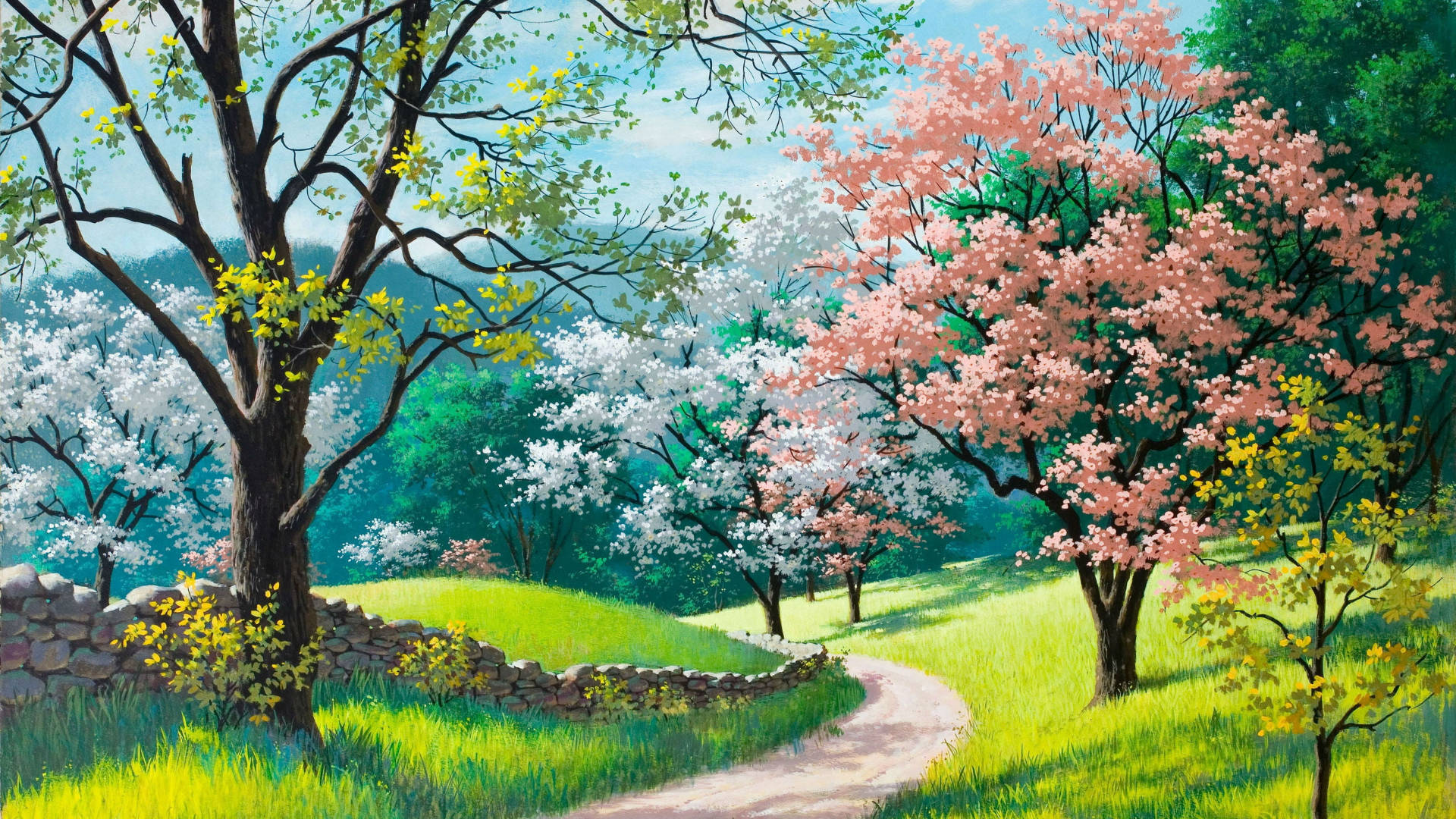 Spring Park, cherry blossom trees, pink, Full HD Desktop Wallpaper