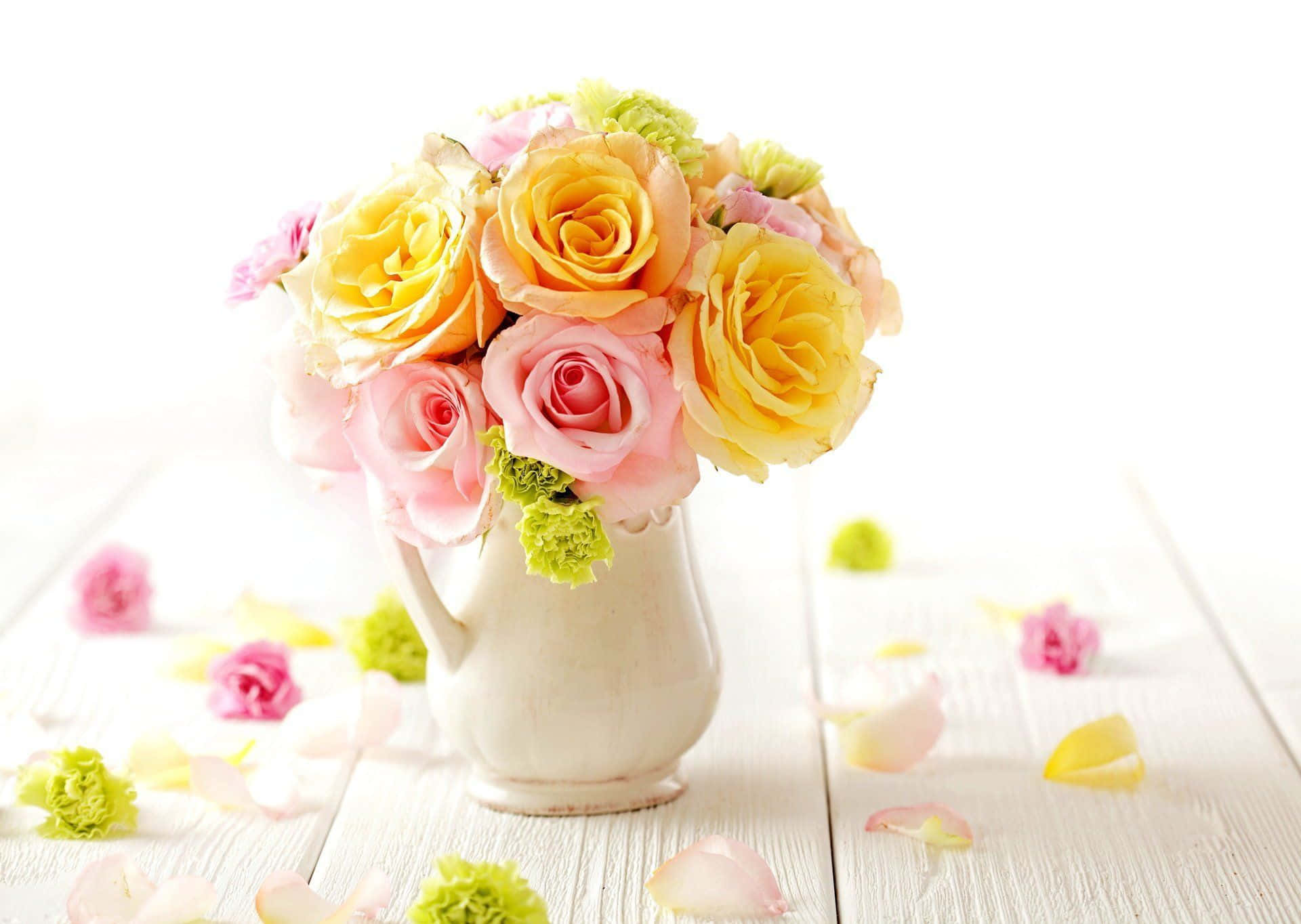 Spring Pastel, yellow and pink roses, white pitcher, Full HD Desktop Wallpaper