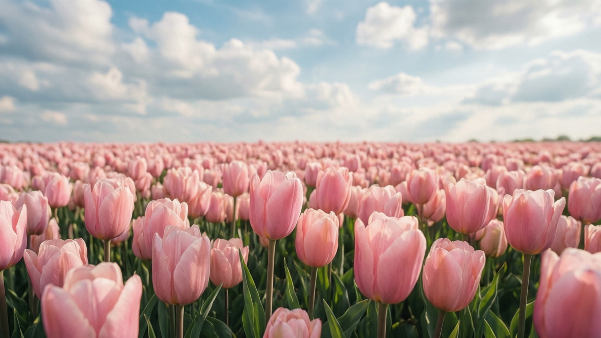 pastel pink tulips, soft blue sky, spring wallpaper, Full HD Desktop Wallpaper