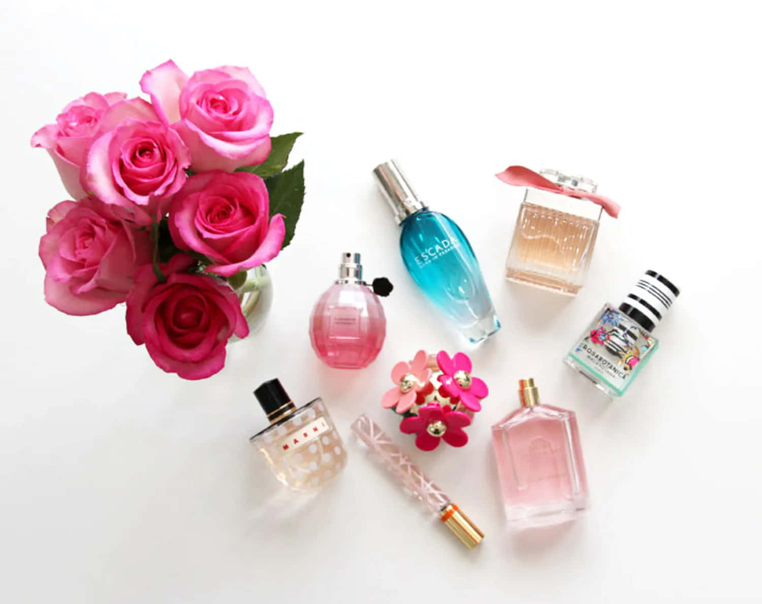Spring Perfume, vibrant pink roses, assorted perfume bottles, HD Desktop Wallpaper