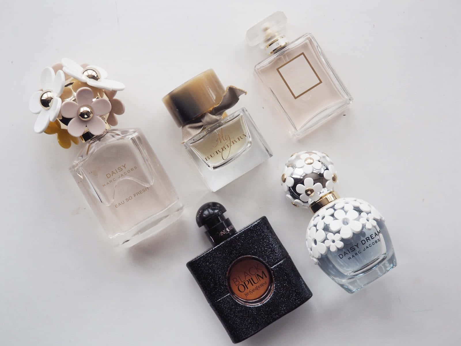 Spring Perfume, five stylish perfume bottles, floral and geometric designs, HD Desktop Wallpaper
