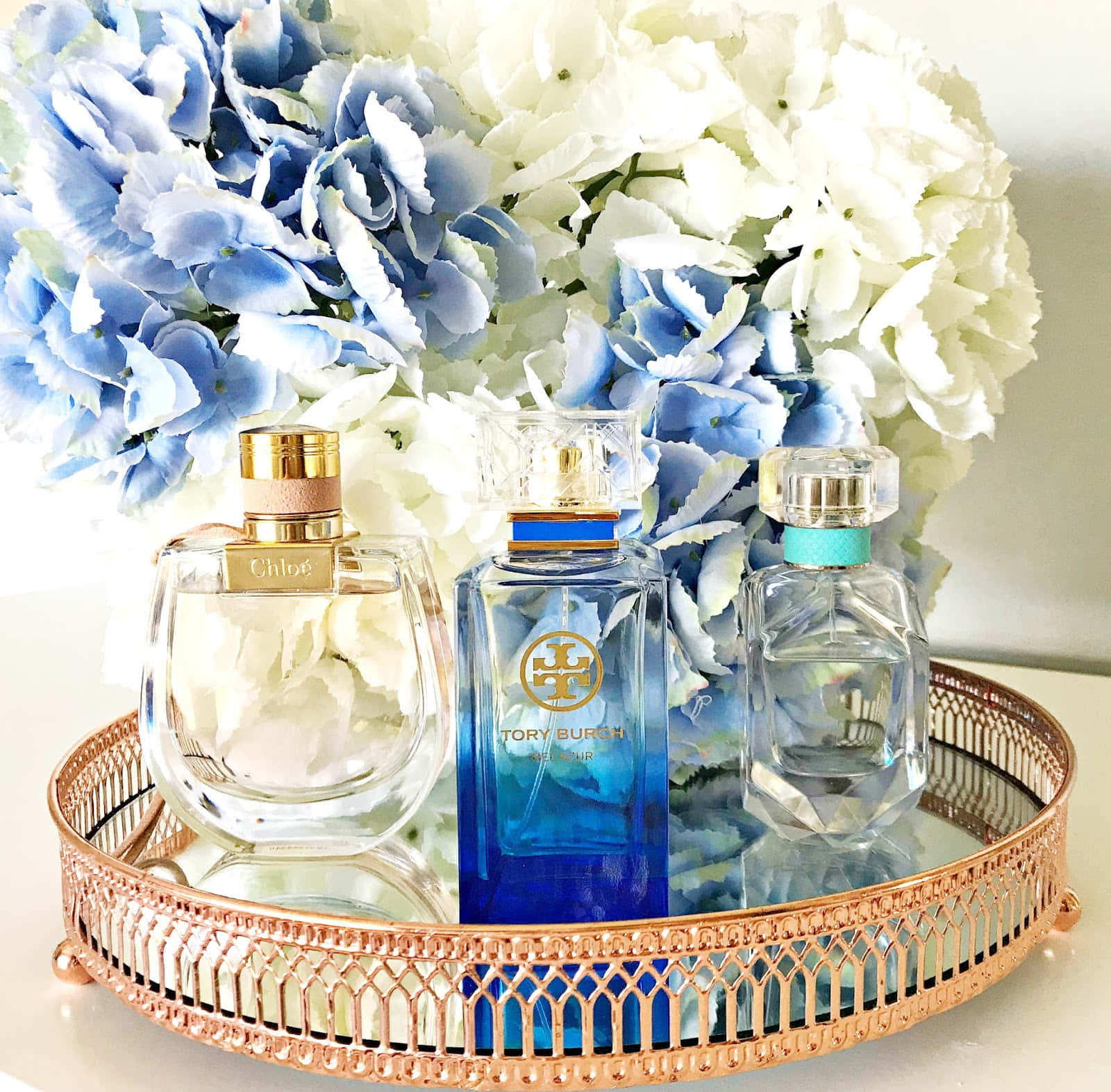 Spring Perfume, rose gold tray, blue and white hydrangeas, HD Desktop Wallpaper