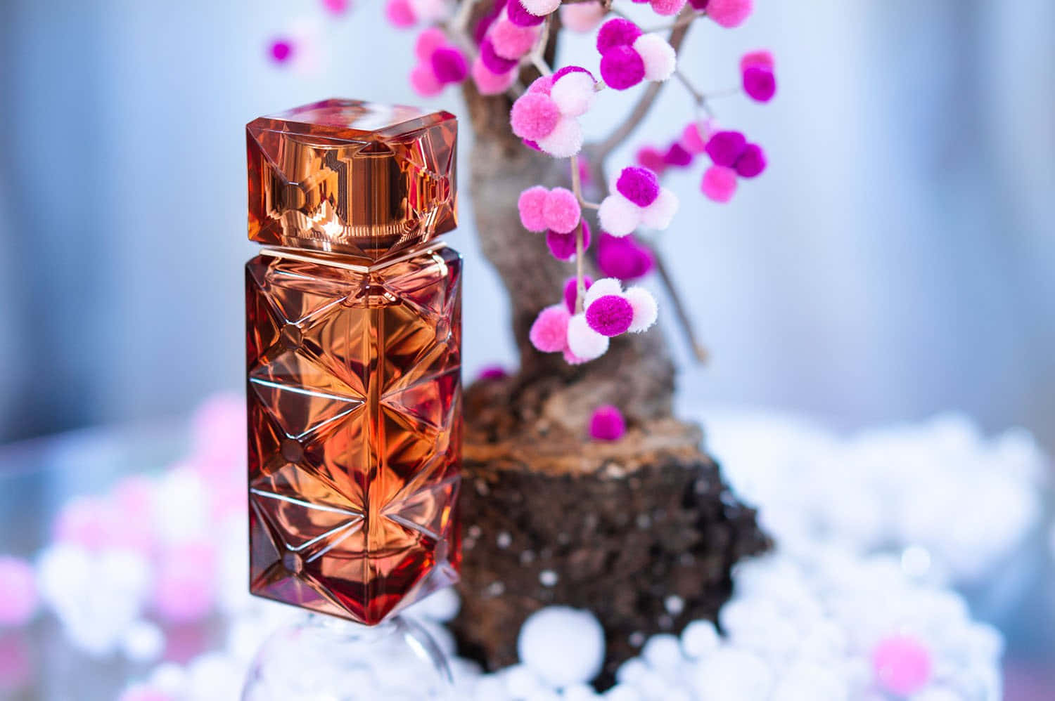 Spring Perfume, amber perfume bottle, whimsical tree, HD Desktop Wallpaper