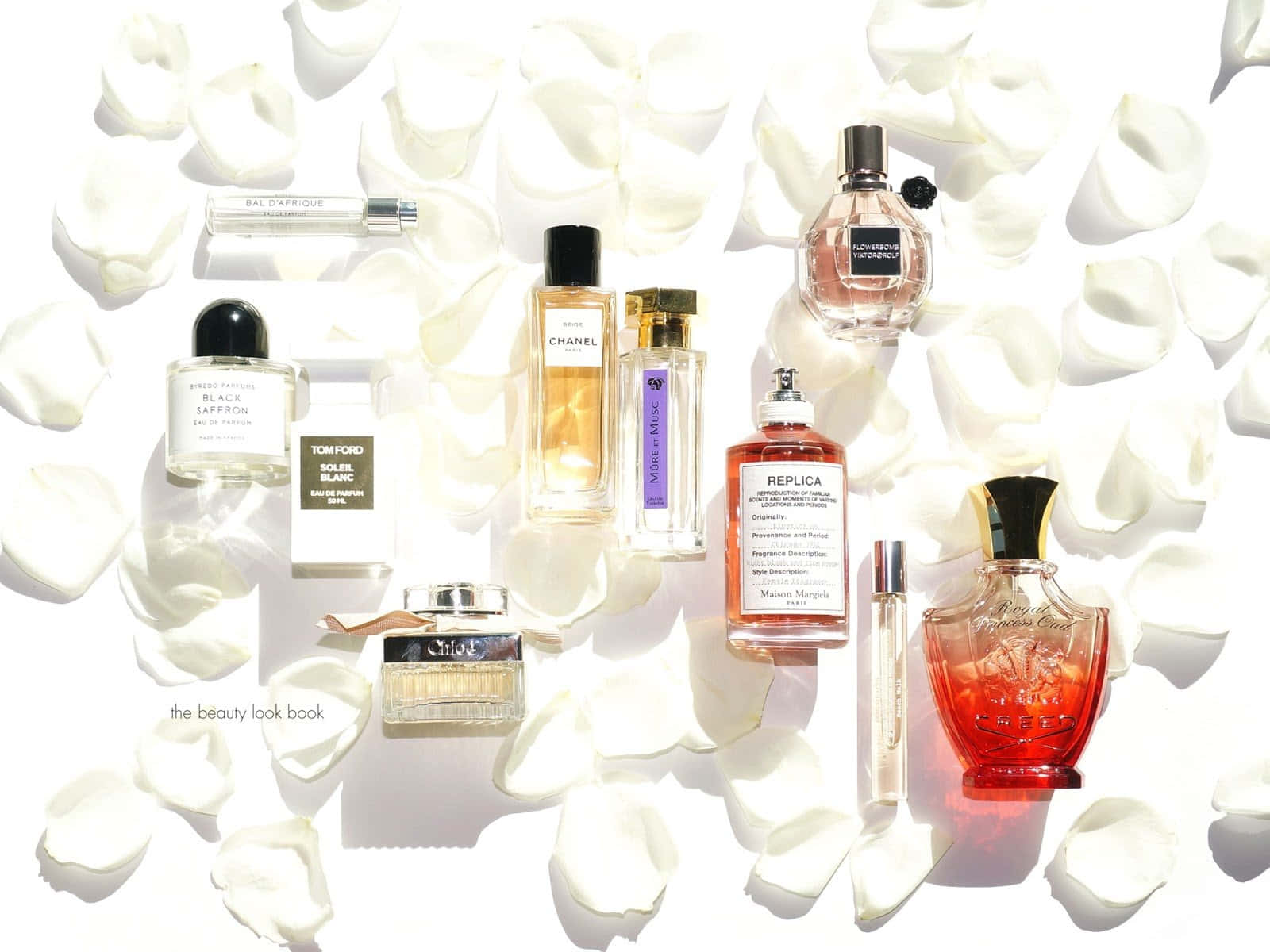 Spring Perfume, luxury perfume bottles, white rose petals, HD Desktop Wallpaper