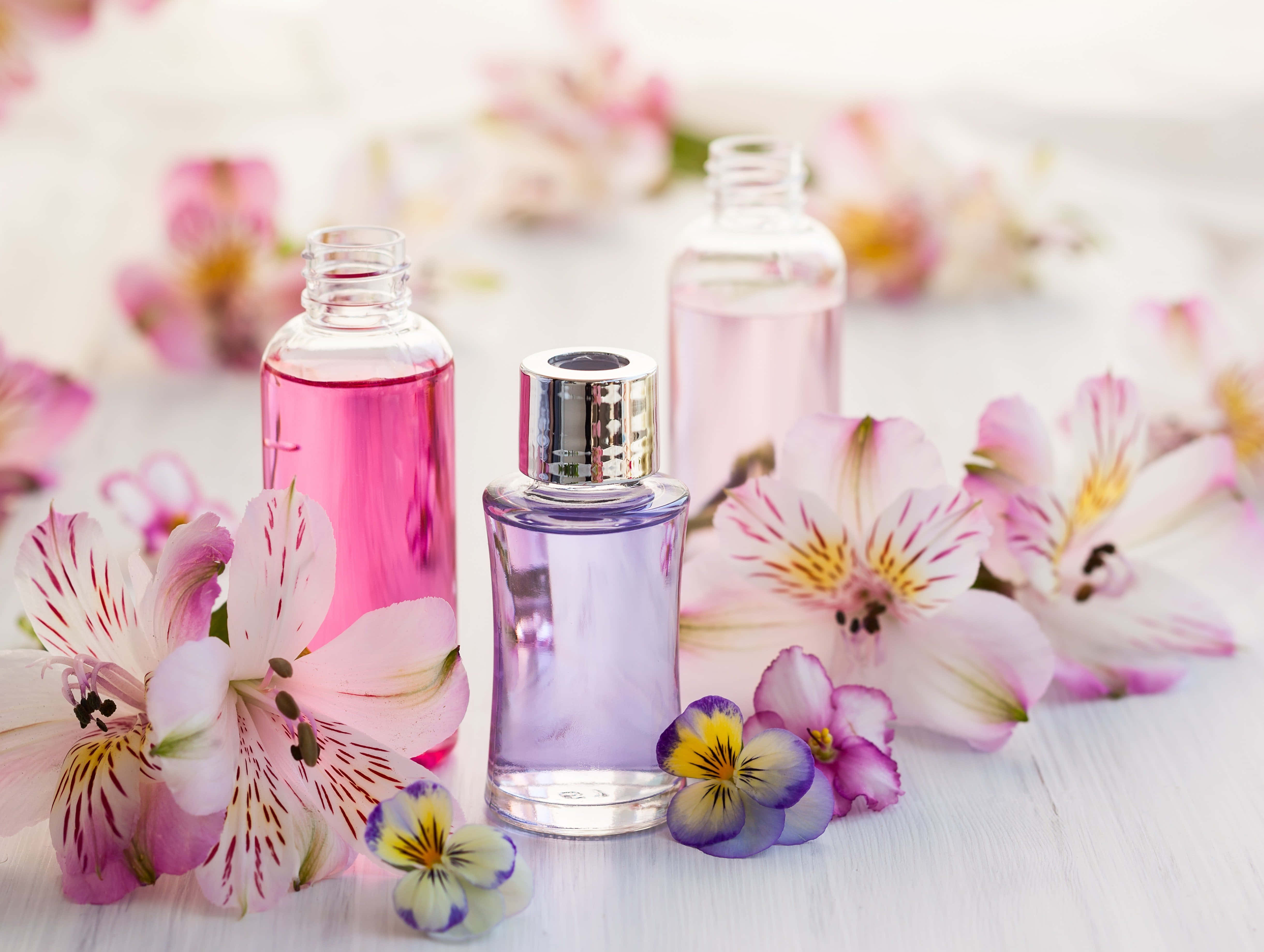 Spring Perfume, pink and purple liquid, pink and purple flowers, 4K Desktop Wallpaper