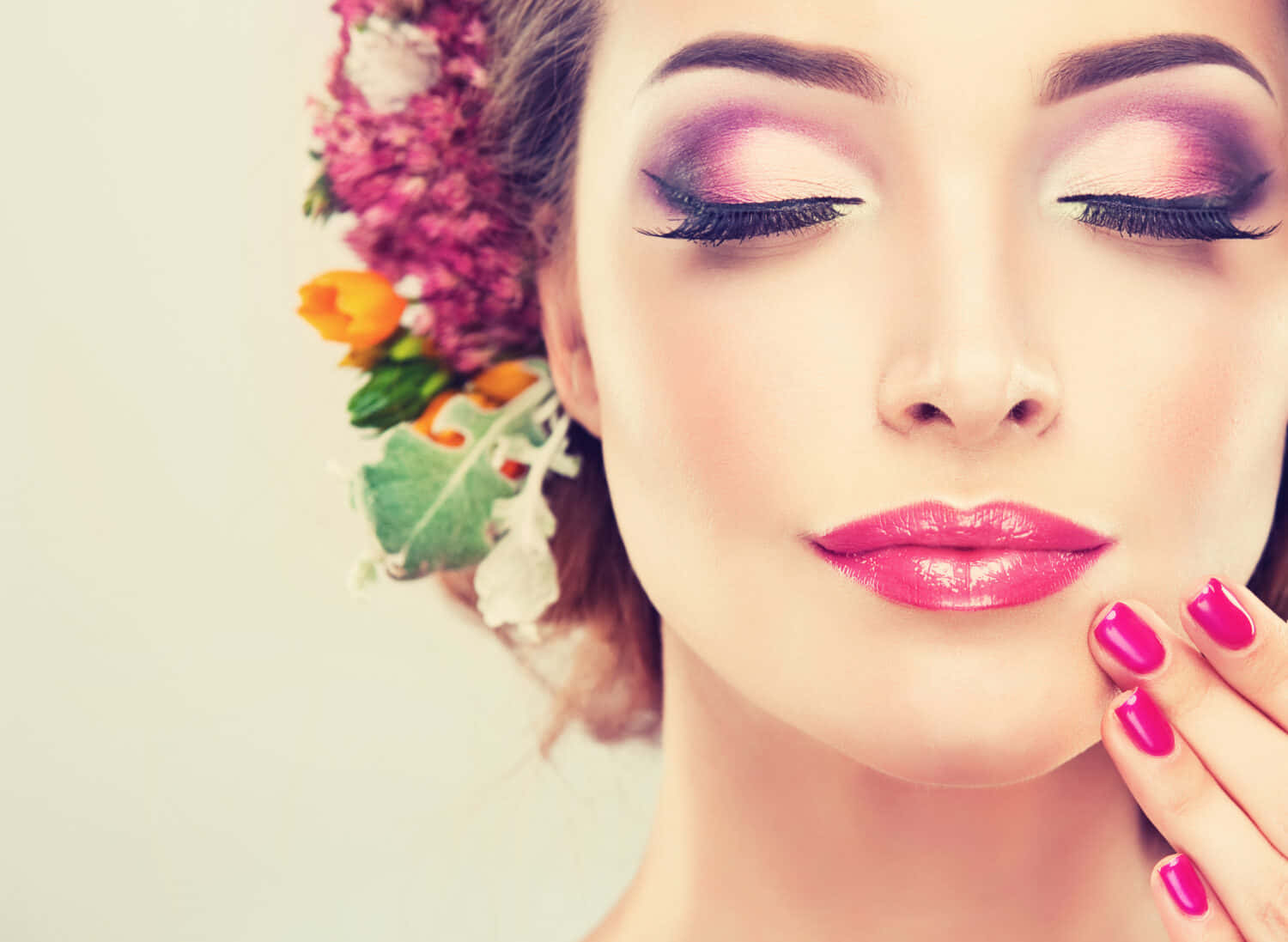Spring Makeup, vibrant pink makeup, colorful floral crown, HD Desktop Wallpaper