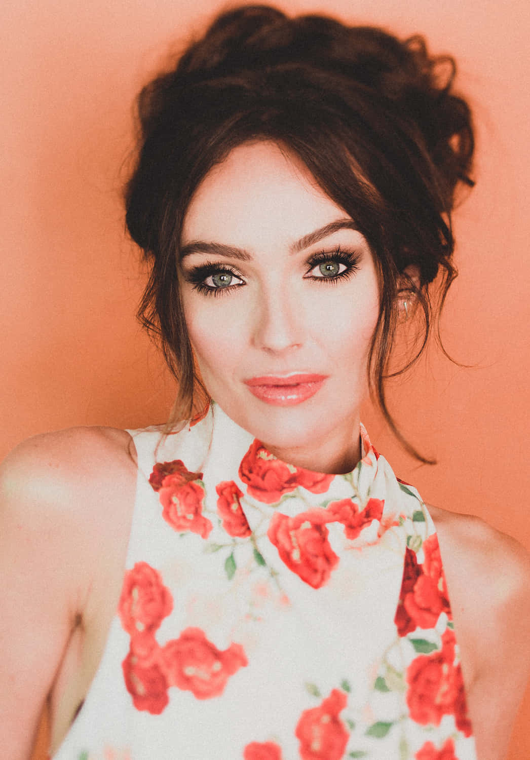 Spring Makeup, white floral dress, warm coral background, HD Phone Wallpaper