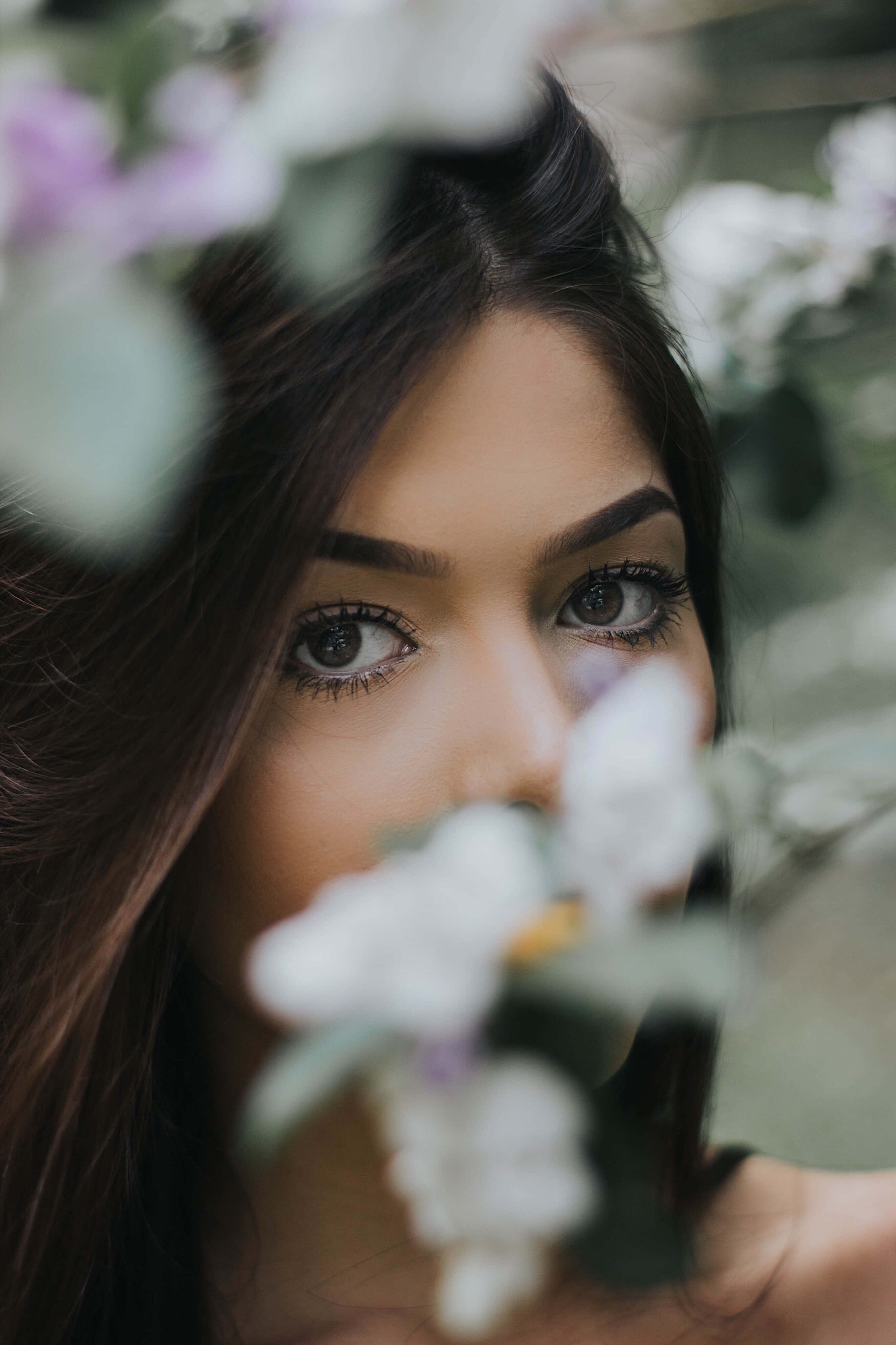 mysterious spring woman, dark hair, eyes, 4K Phone Wallpaper
