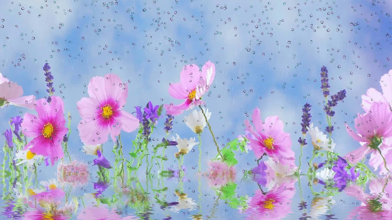Spring Rain, pink cosmos, purple lavender, HD Desktop Wallpaper