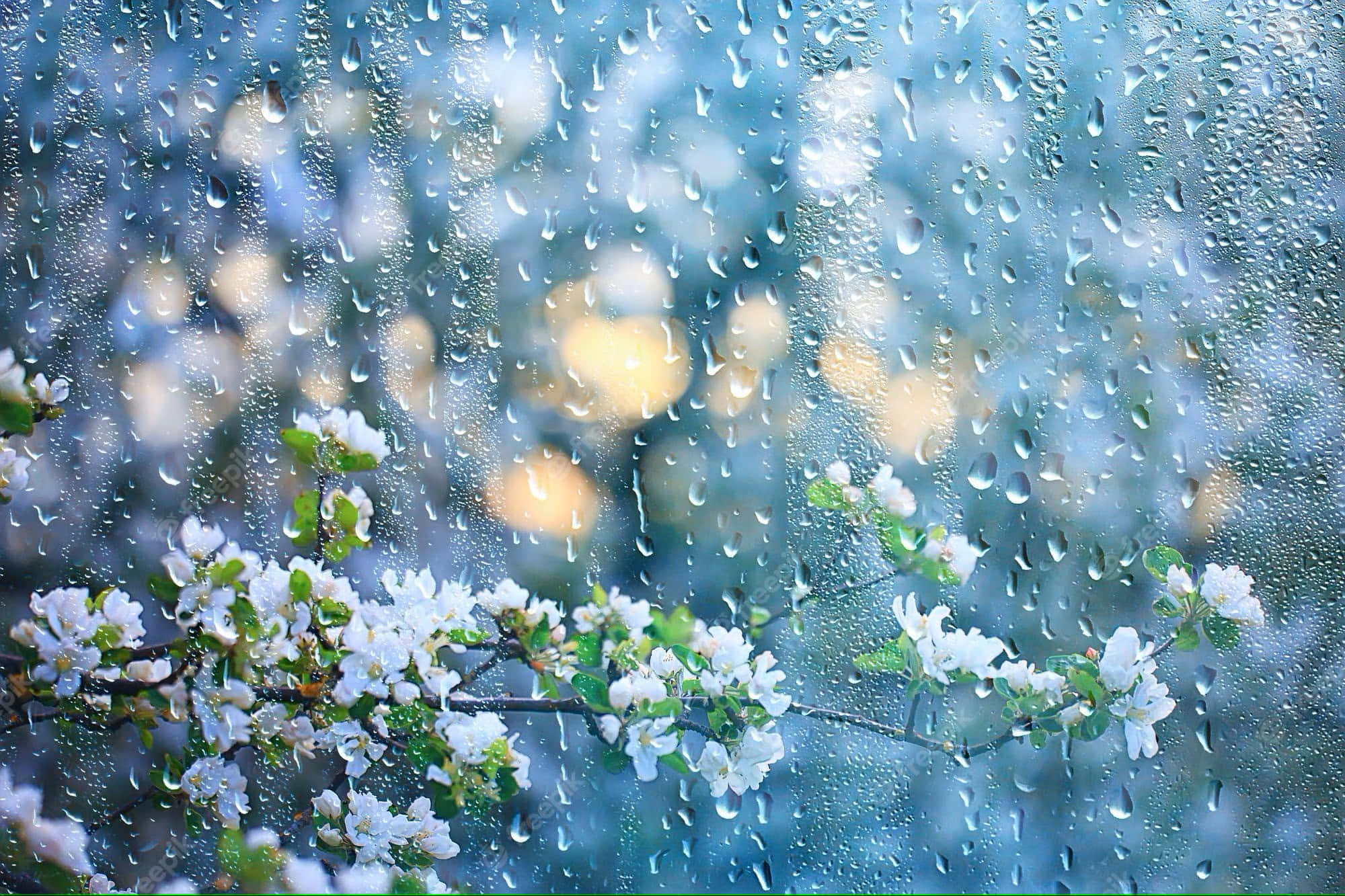 Spring Rain, green forest, white blossoms, Full HD Desktop Wallpaper