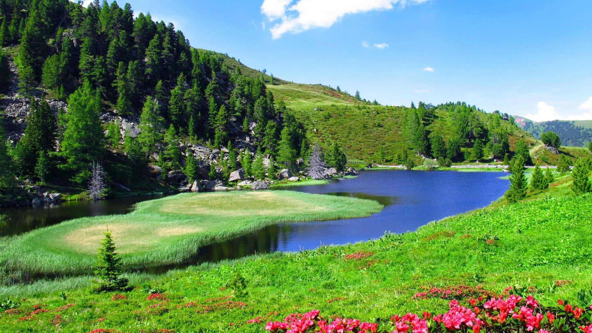 Spring River, alpine lake, lush green hills, Full HD Desktop Wallpaper