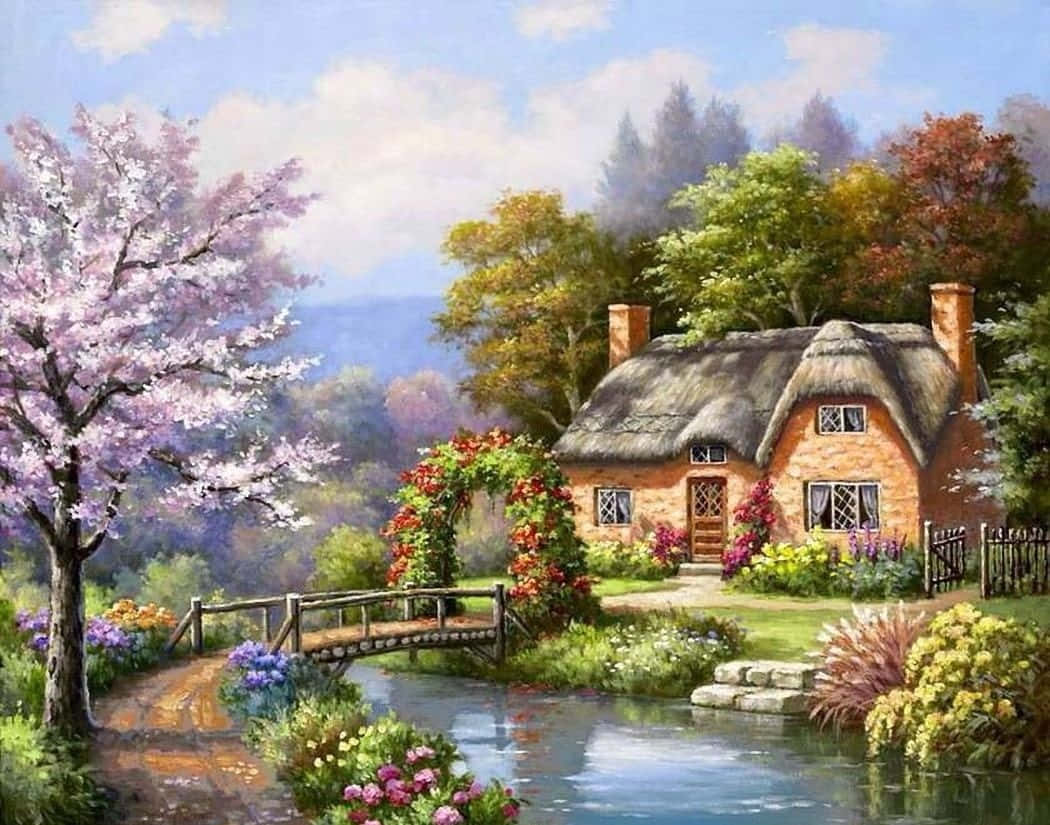 Spring River, thatched cottage, tranquil stream, SD Desktop Wallpaper