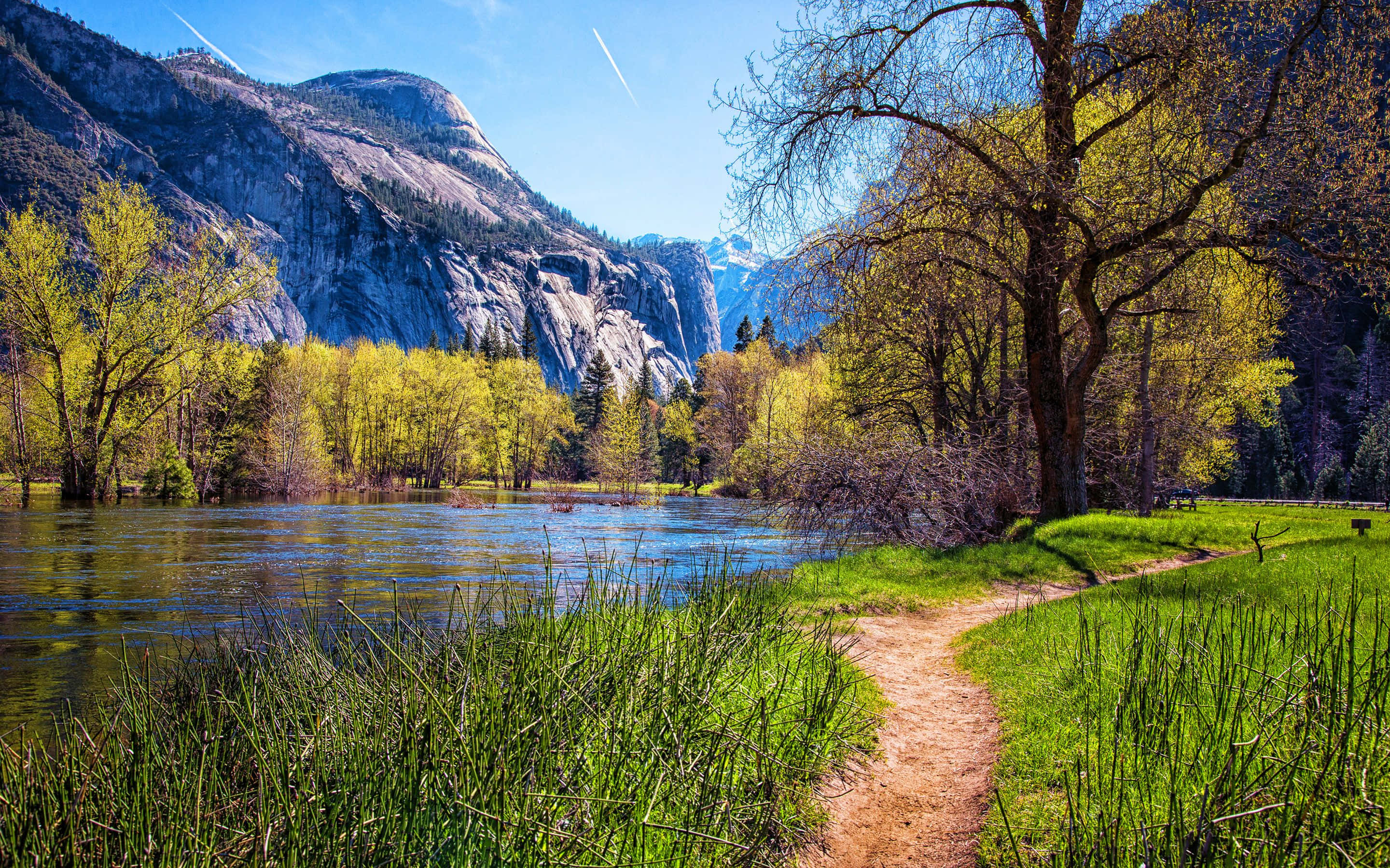 Spring River, dirt path, vibrant green grass, 2K Desktop Wallpaper