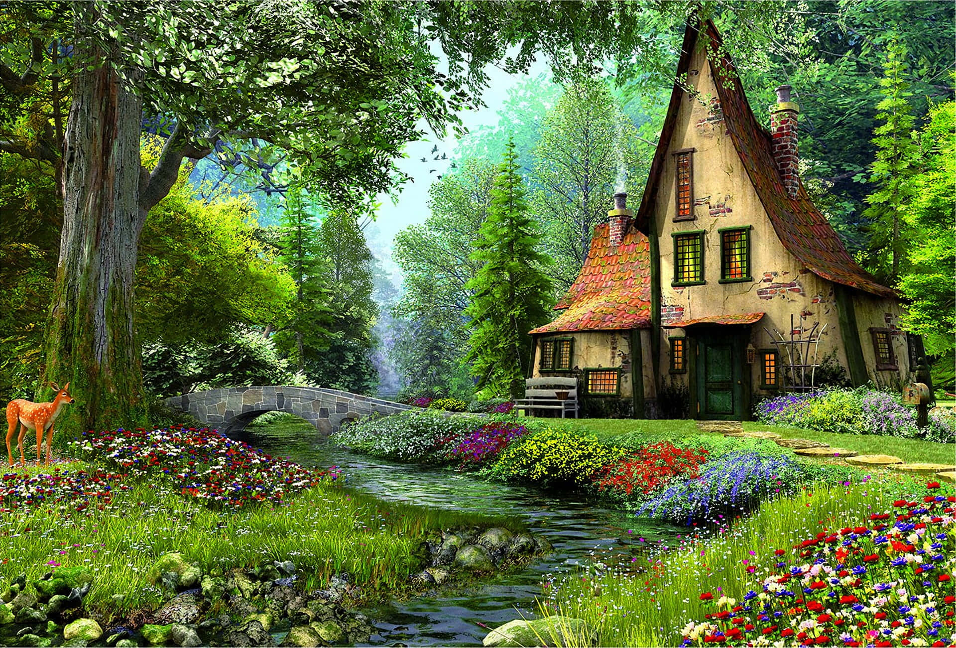 Spring River, stone cottage, red roof, Full HD Desktop Wallpaper
