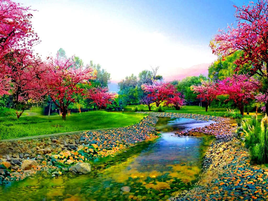 Spring River, lush green valley, brilliant pink flowering trees, SD Desktop Wallpaper