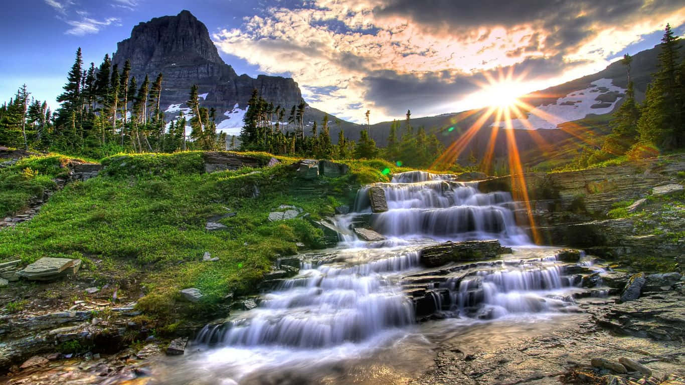 Spring River, cascading waterfall, mossy rocks, HD Desktop Wallpaper