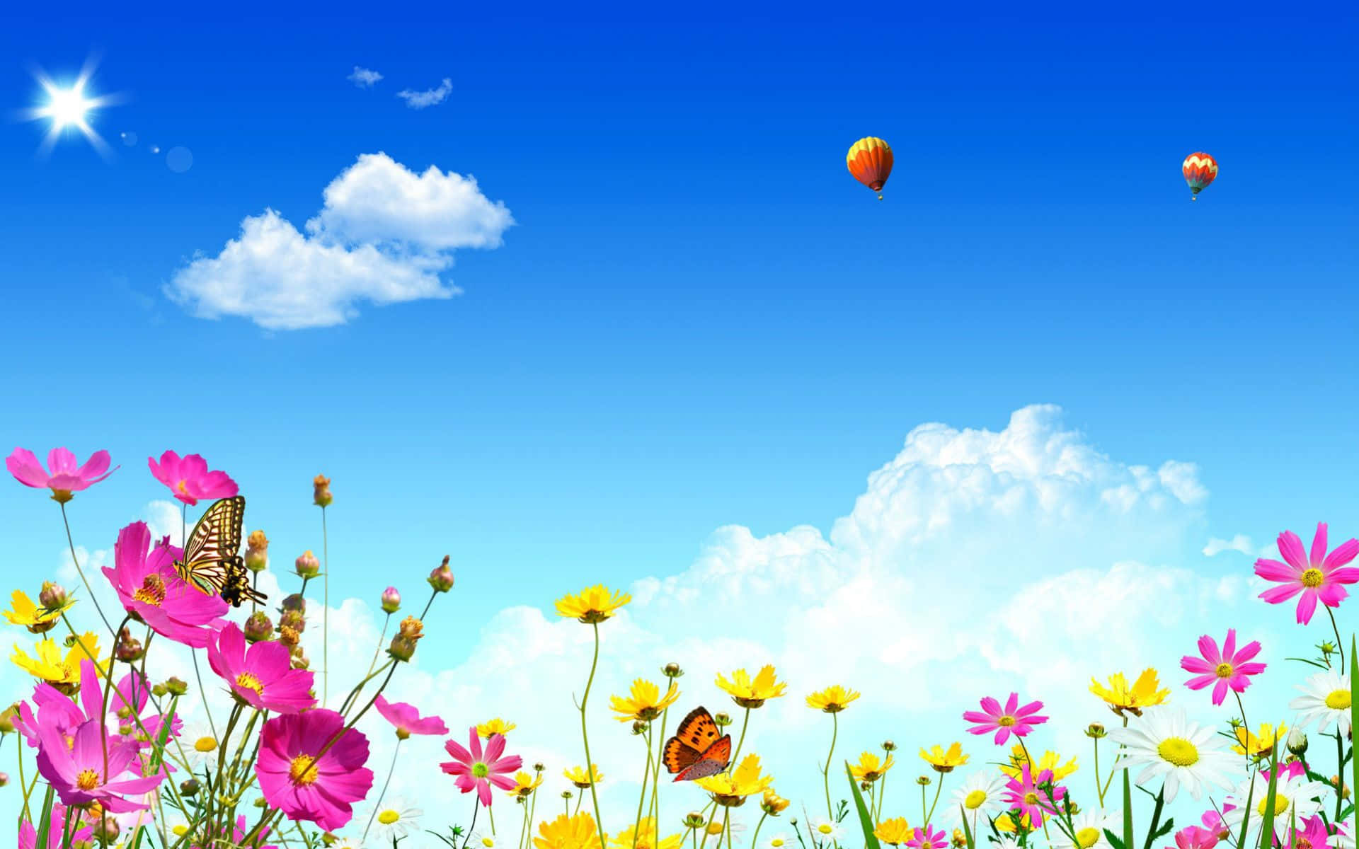 Spring Sky, pink and yellow flowers, butterflies, Full HD Desktop Wallpaper