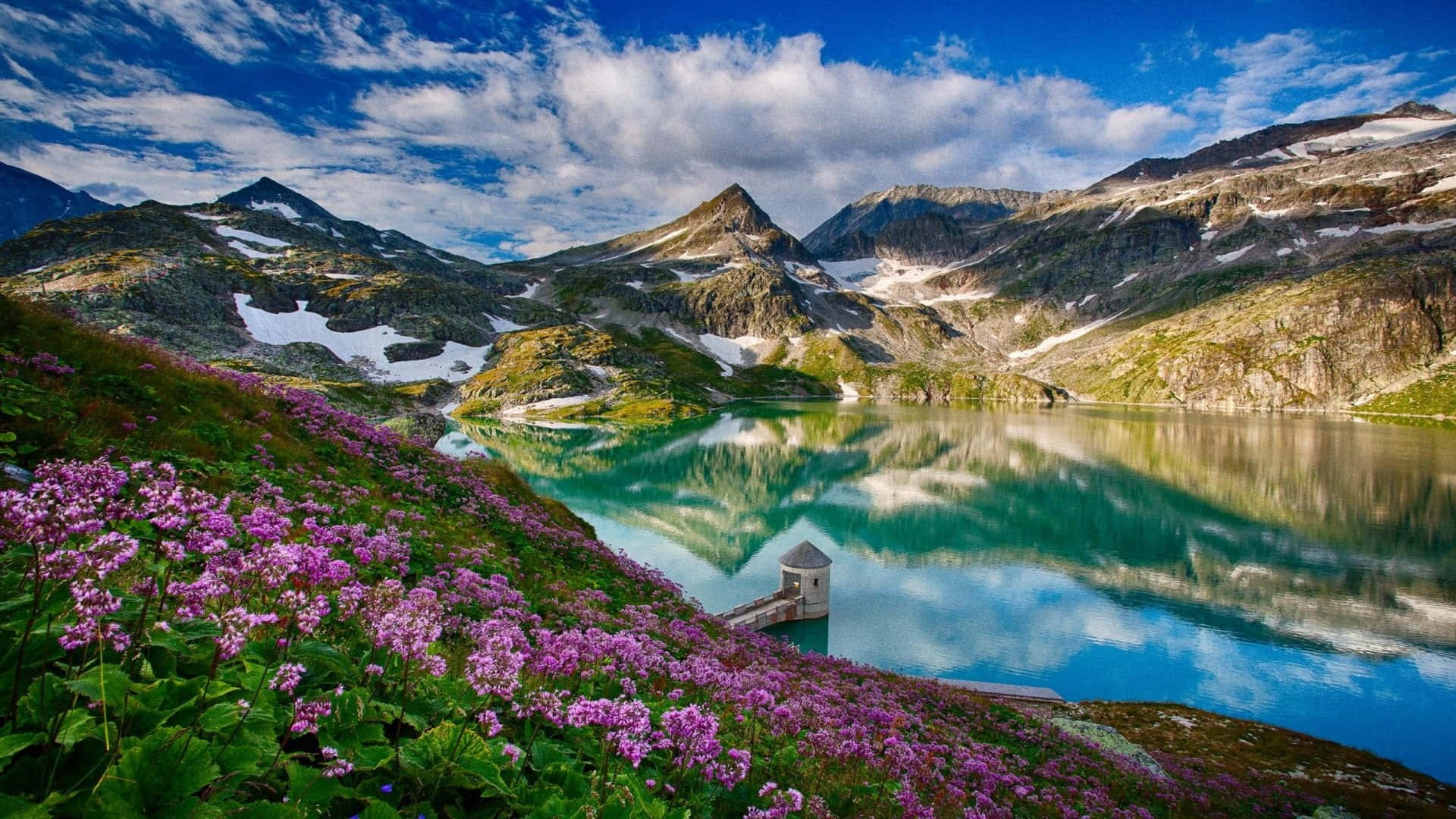 Spring Mountain, alpine lake, snow-dusted peaks, Full HD Desktop Wallpaper