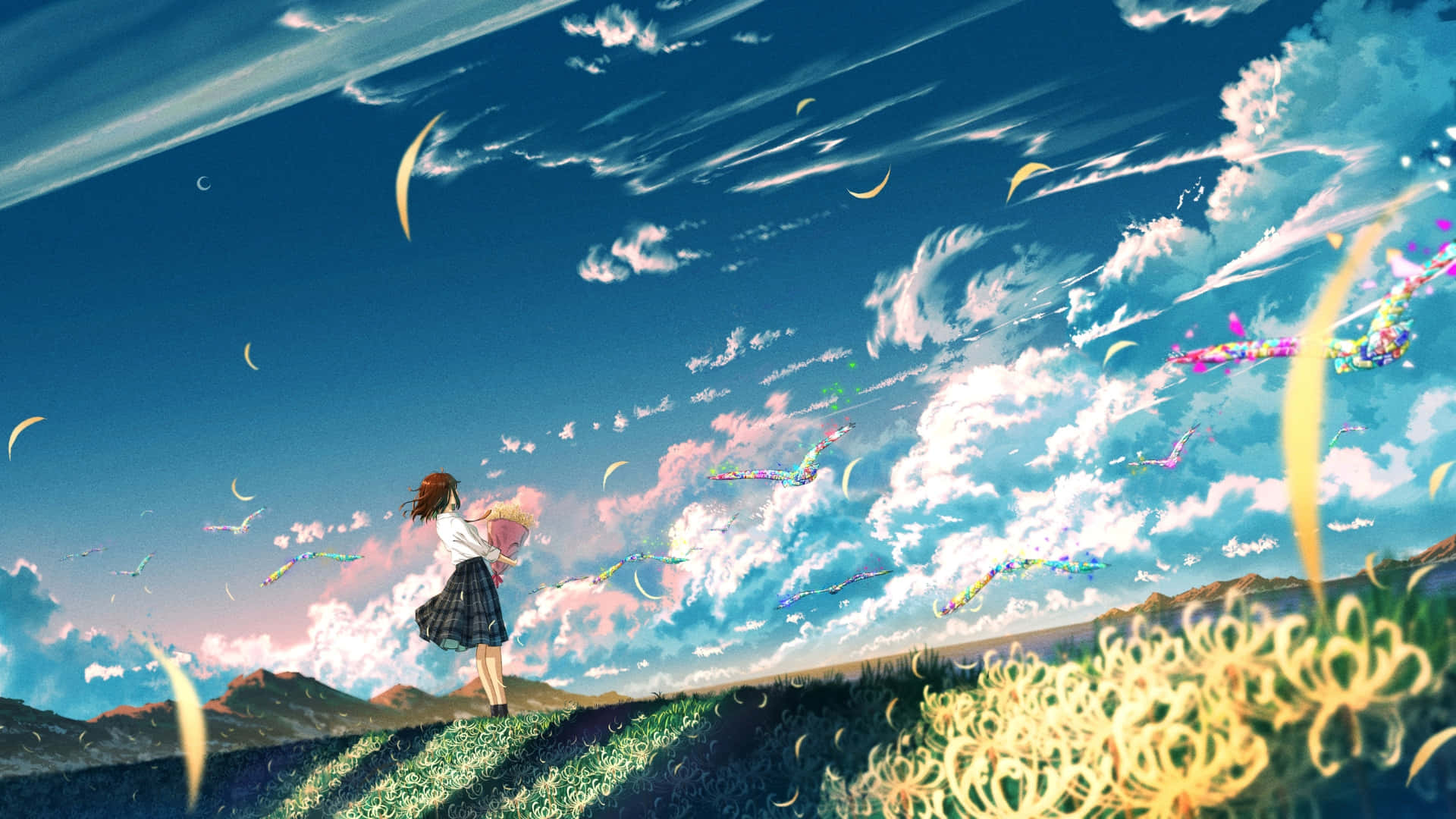 girl, school uniform, grassy hill, Full HD Desktop Wallpaper