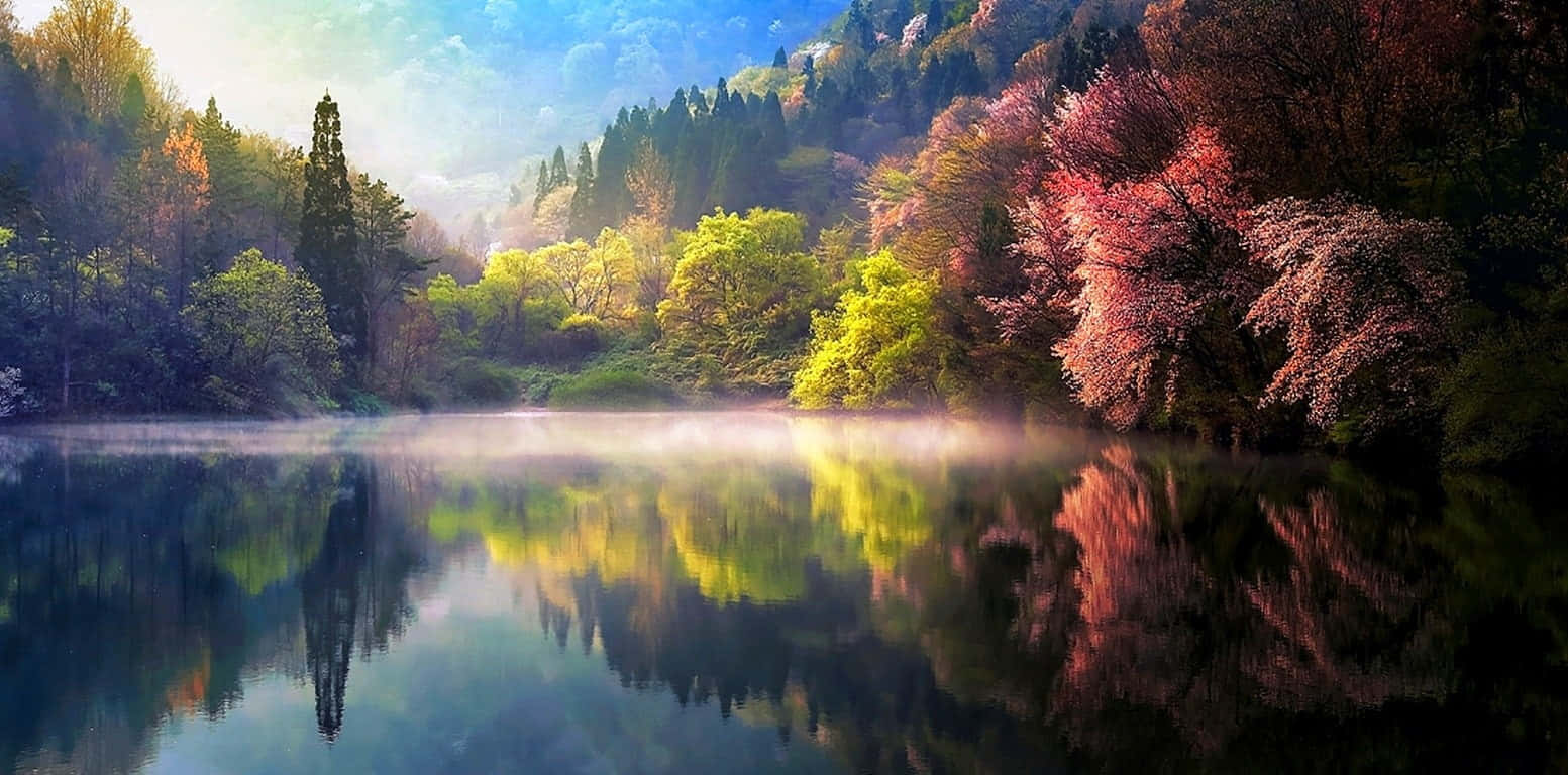 Spring Sunrise, lake, pink blossoms, HD Desktop Wallpaper