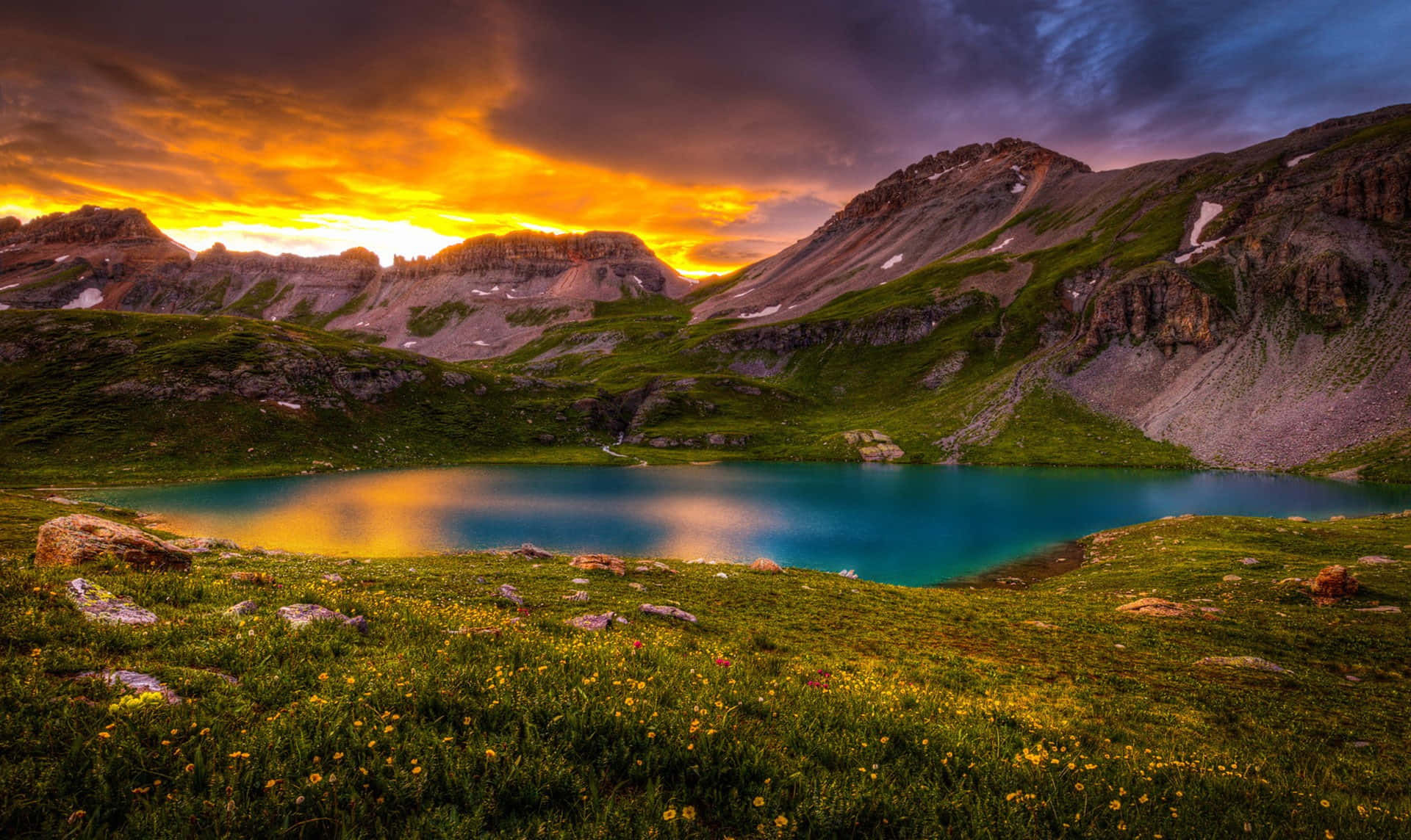Spring Sunset, alpine lake, fiery sunset clouds, Full HD Desktop Wallpaper