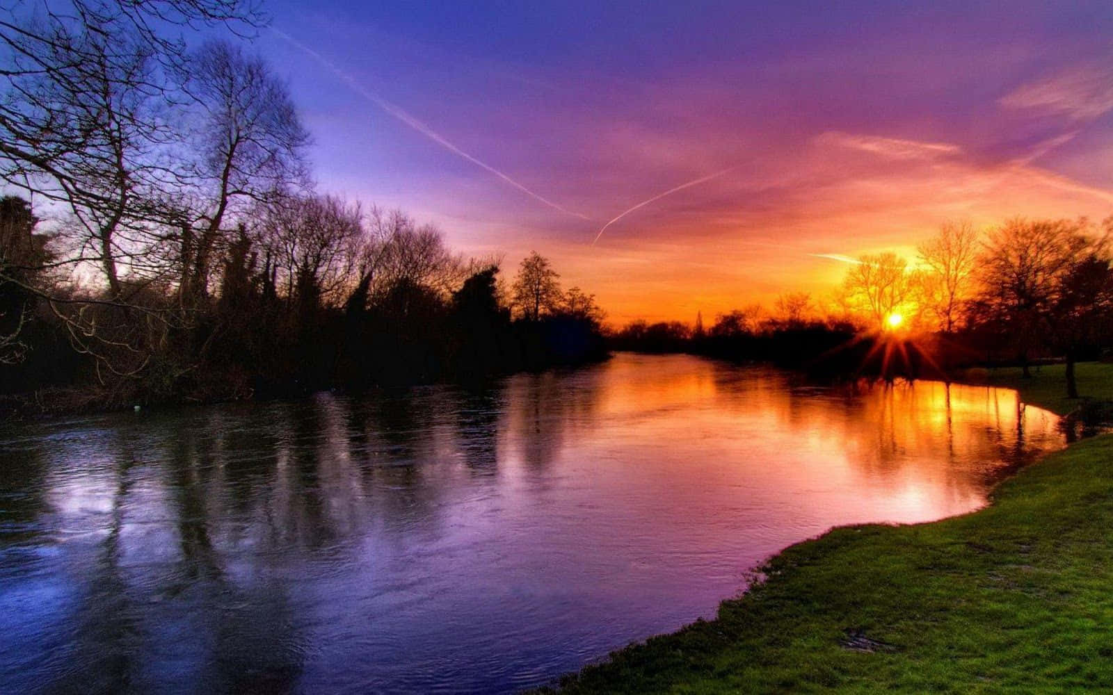 Spring Sunset, river, fiery sunset, HD Desktop Wallpaper