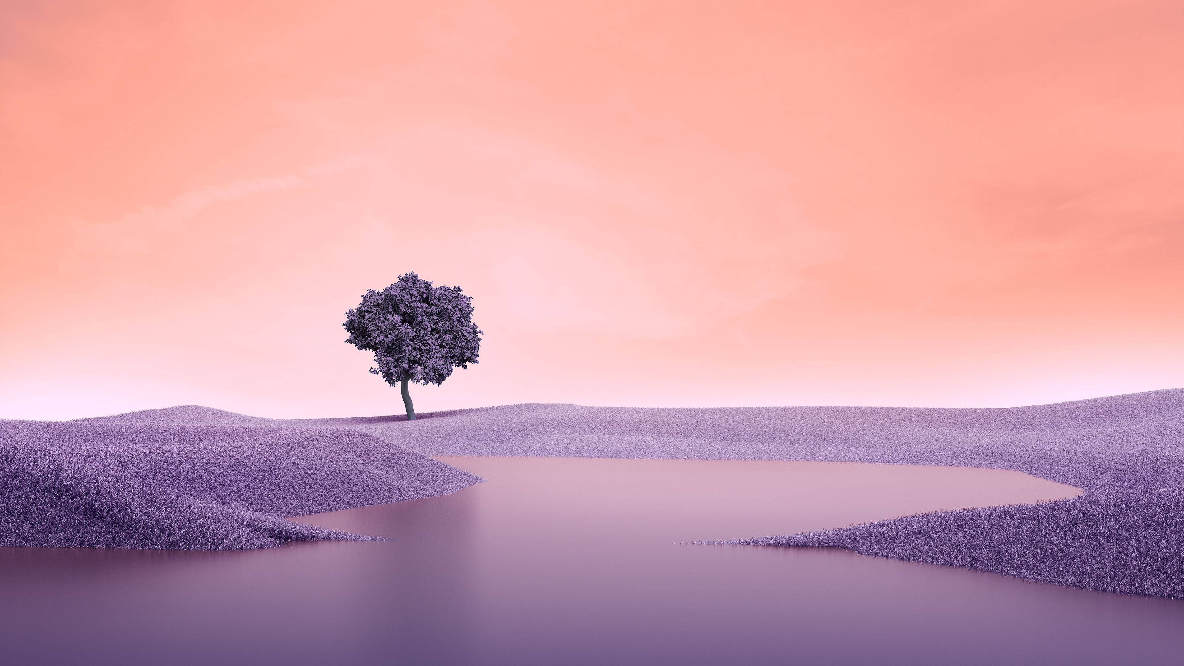 Silhouette Spring Aesthetic, purple hill, calm lake, 4K Desktop Wallpaper