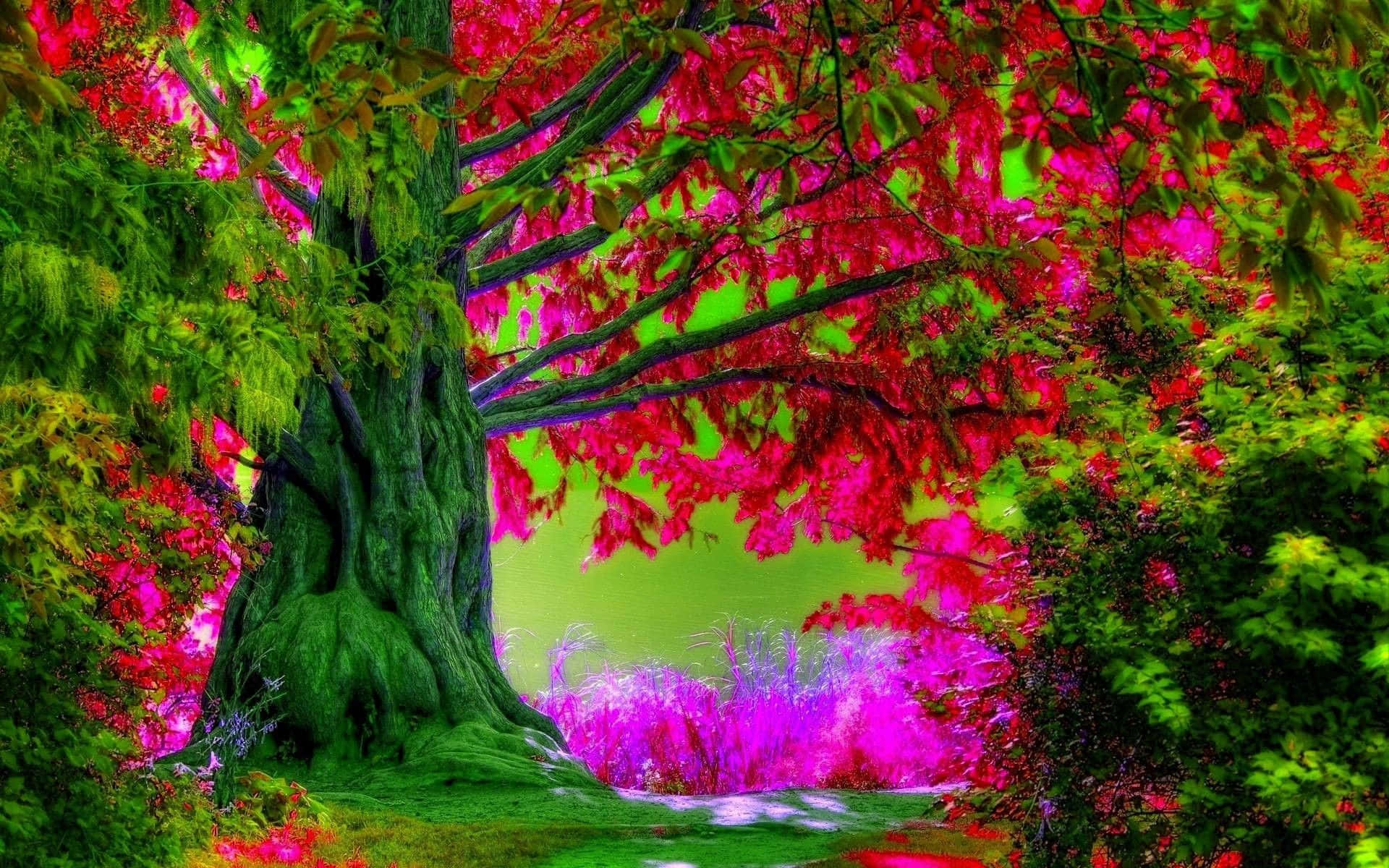 Spring Trees, vibrant pink and green foliage, glowing purple path, Full HD Desktop Wallpaper