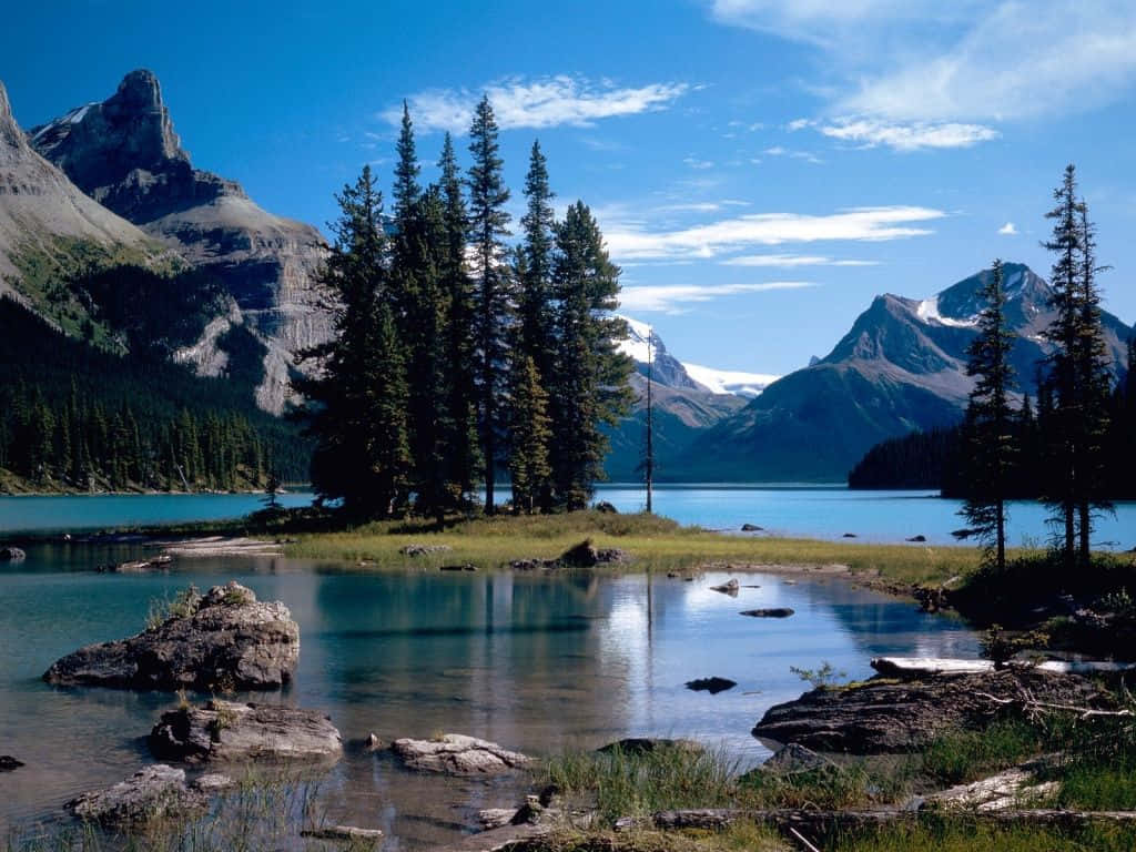 alpine lake, snow-capped mountains, evergreen trees, SD Desktop Wallpaper