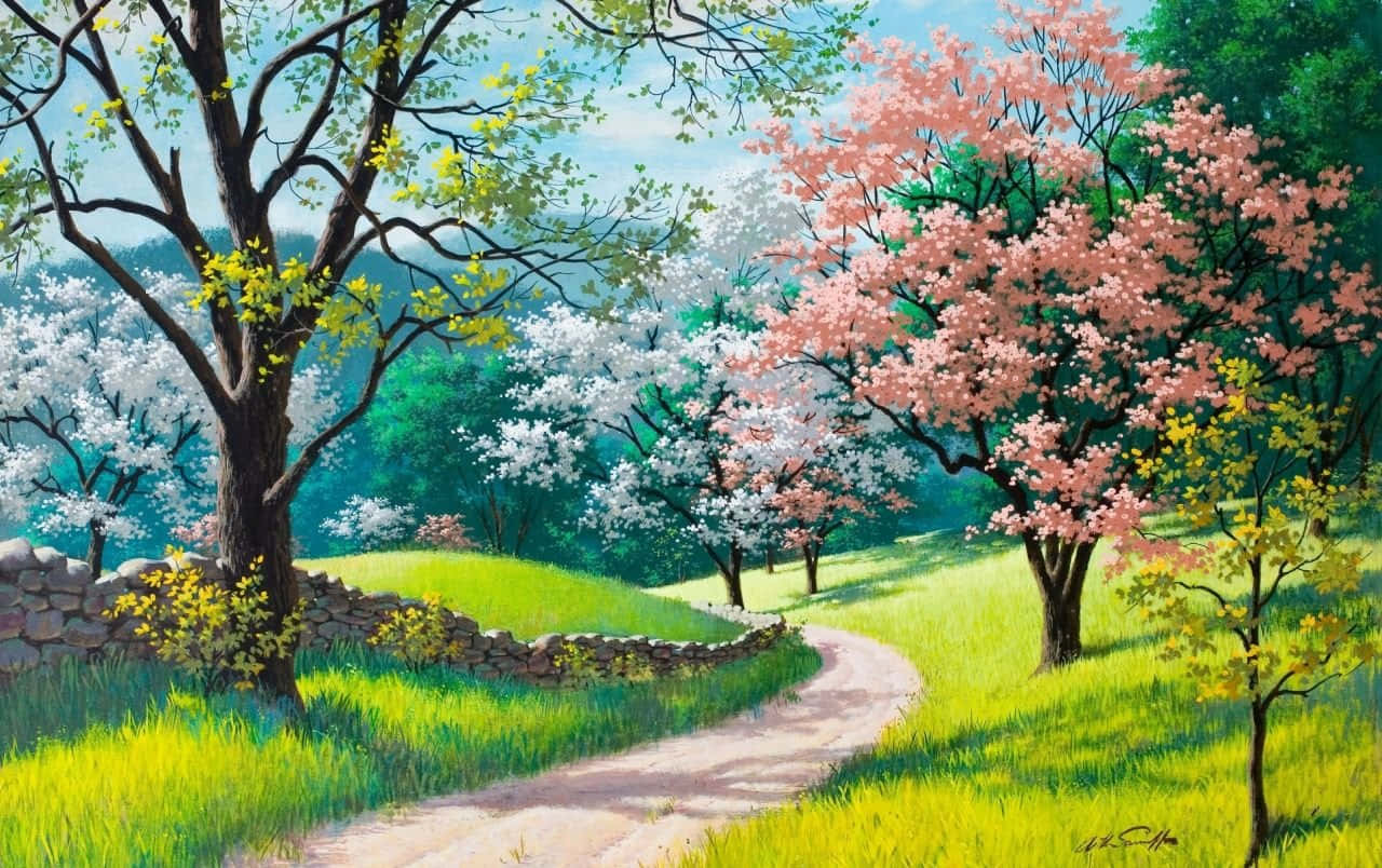 spring trees, cherry blossom trees, vibrant spring meadow, HD Desktop Wallpaper