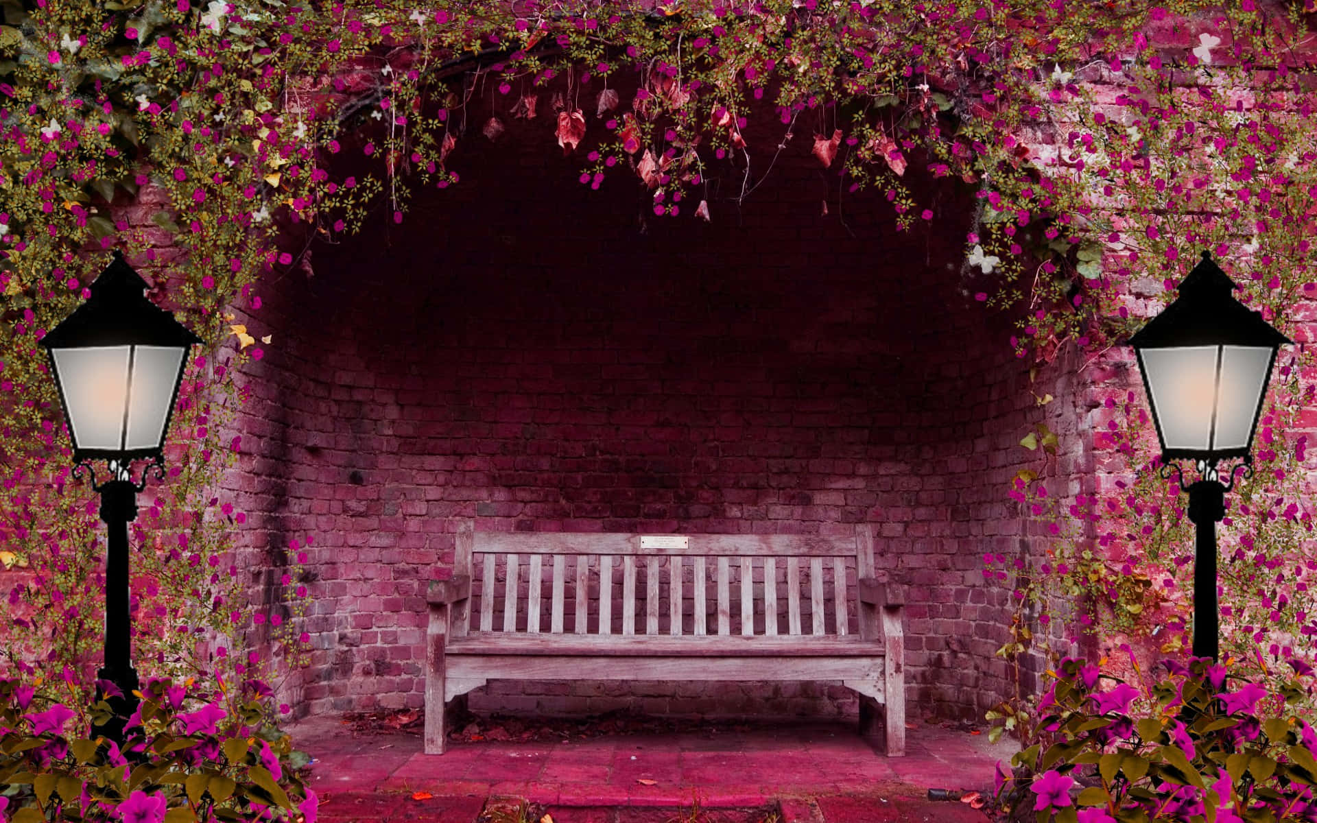 Spring Lights, vibrant pink flowering archway, glowing vintage lanterns, Full HD Desktop Wallpaper