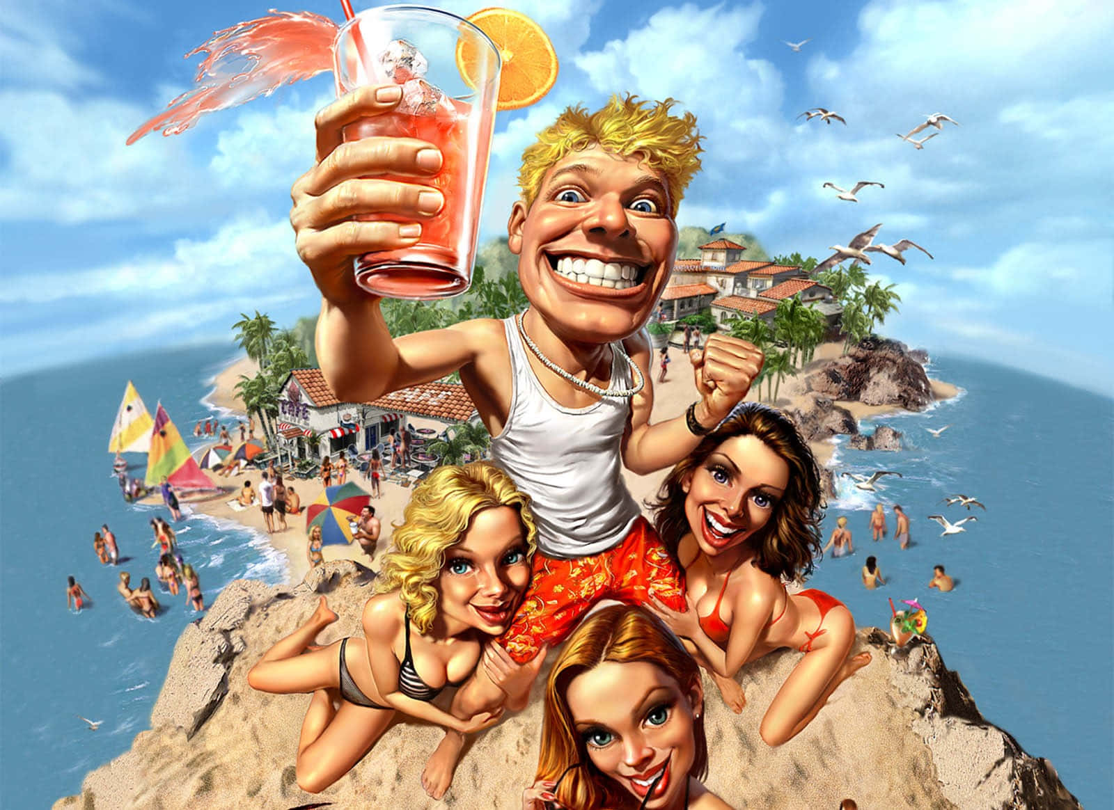 Spring Vacation, cliff, bustling beach town, HD Desktop Wallpaper