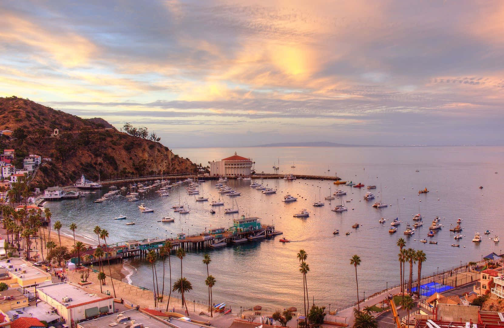 Sunset, coastal harbor, palm-lined shores, HD Desktop Wallpaper