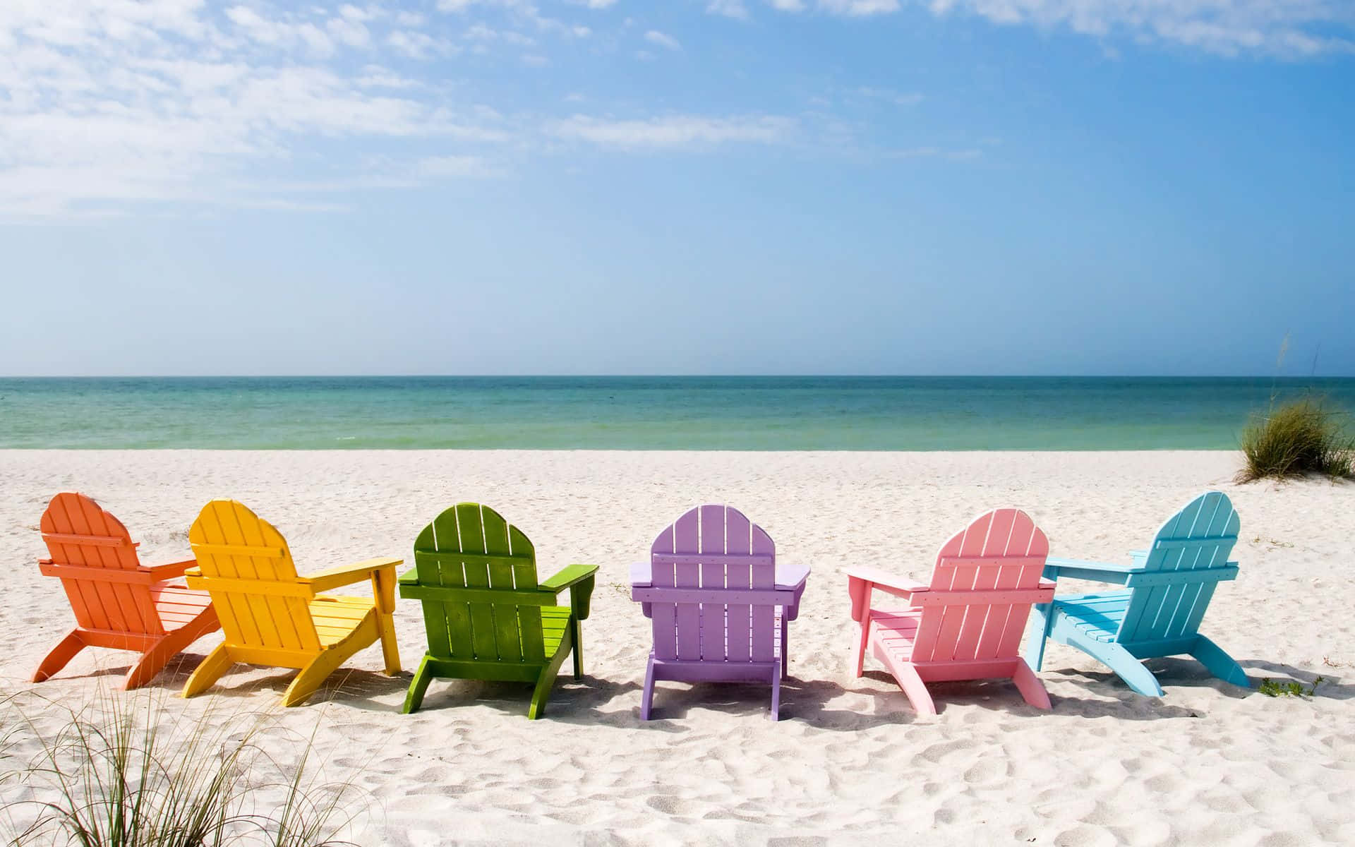 Spring Vacation, rainbow Adirondack chairs, pristine white sandy beach, Full HD Desktop Wallpaper