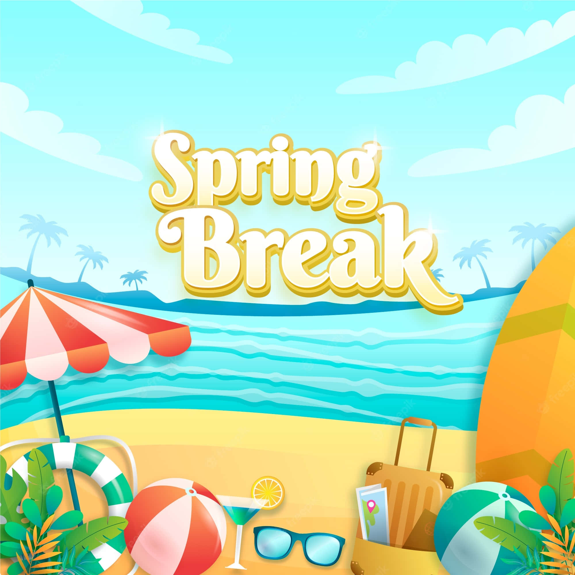 Spring Vacation, beach, palm trees, Full HD Desktop Wallpaper