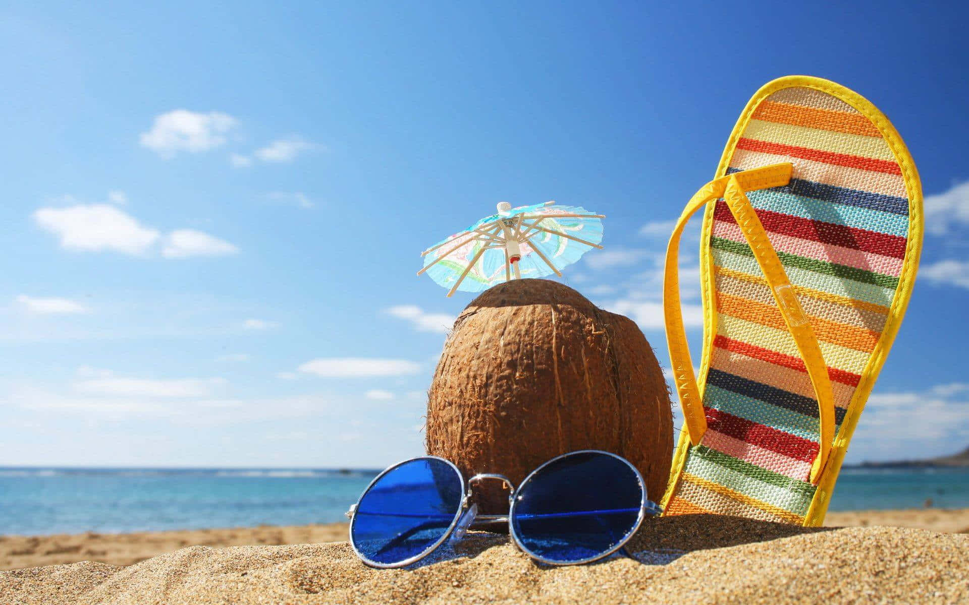 spring vacation, coconut drink, umbrella sunglasses, Full HD Desktop Wallpaper
