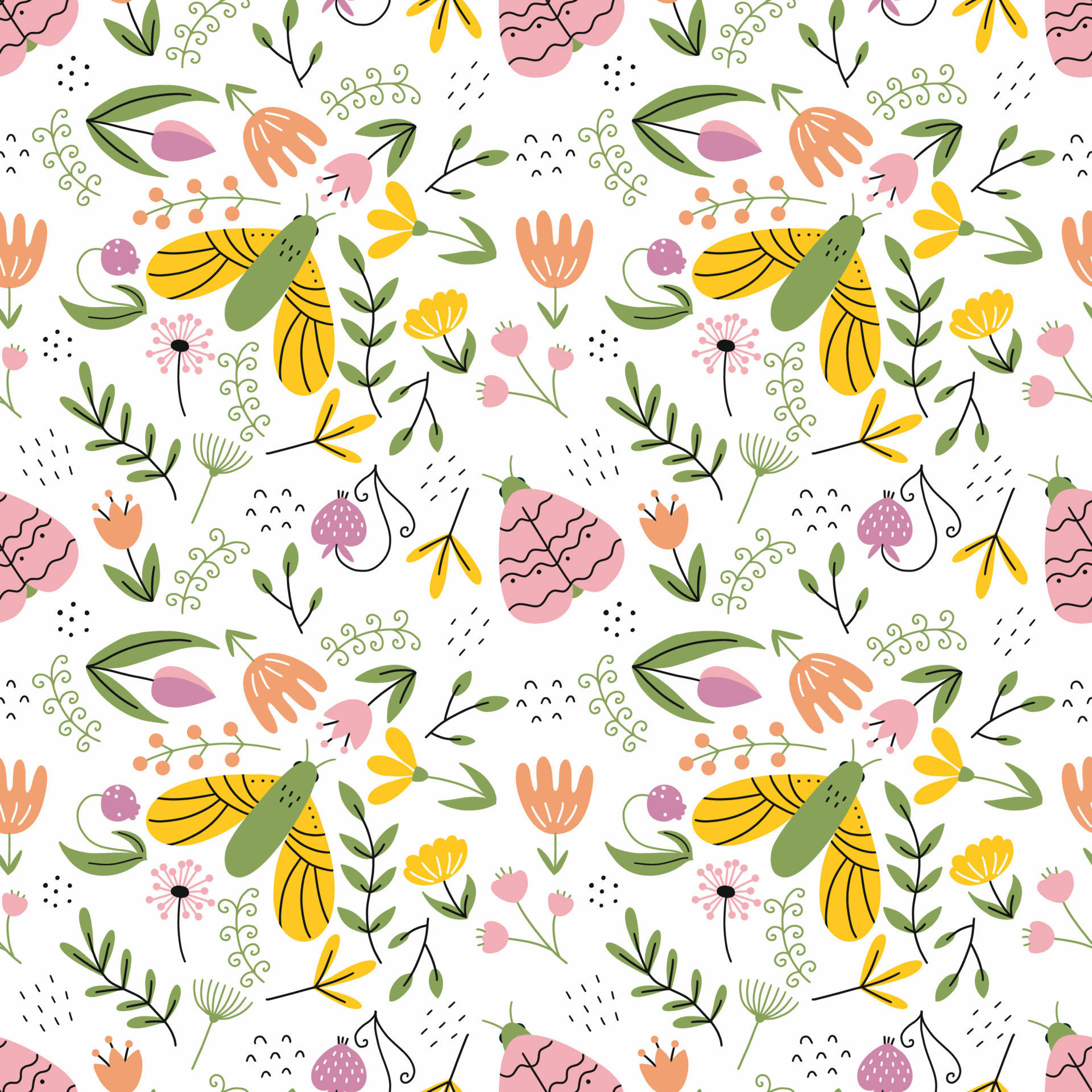 cute spring phone, yellow green moths, pink flowers, Full HD Desktop Wallpaper