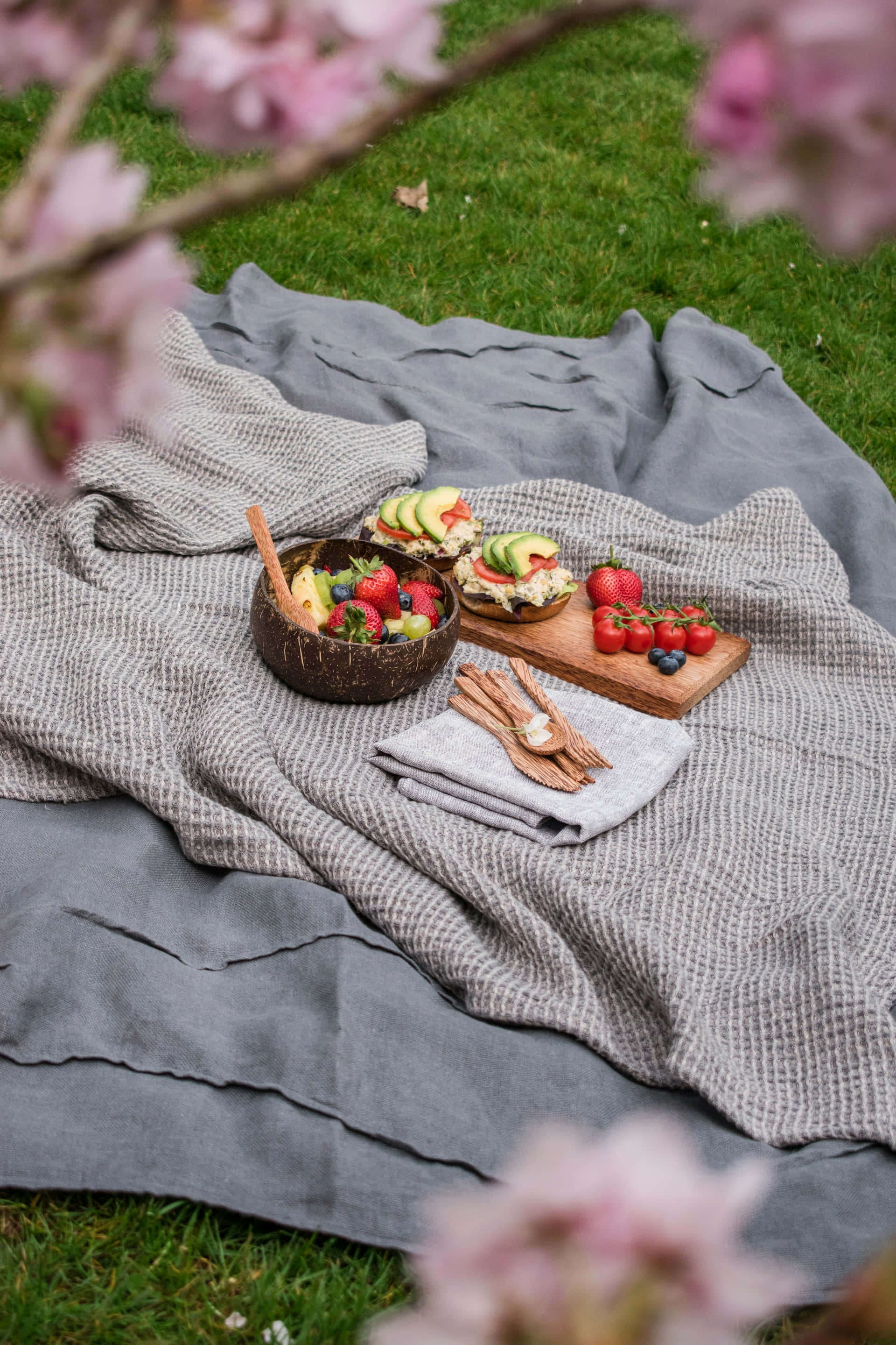 springtime picnic setup, avocado toast, strawberries, 2K Phone Wallpaper