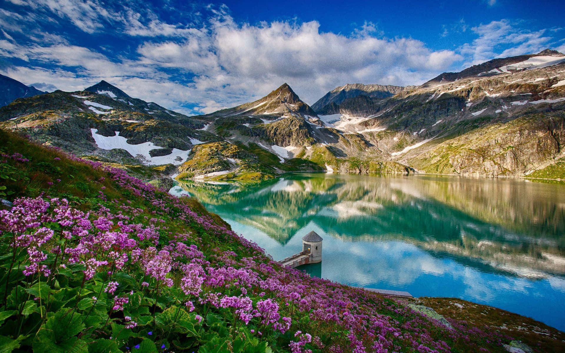 Spring Water, alpine lake, snow-dusted peaks, Full HD Desktop Wallpaper