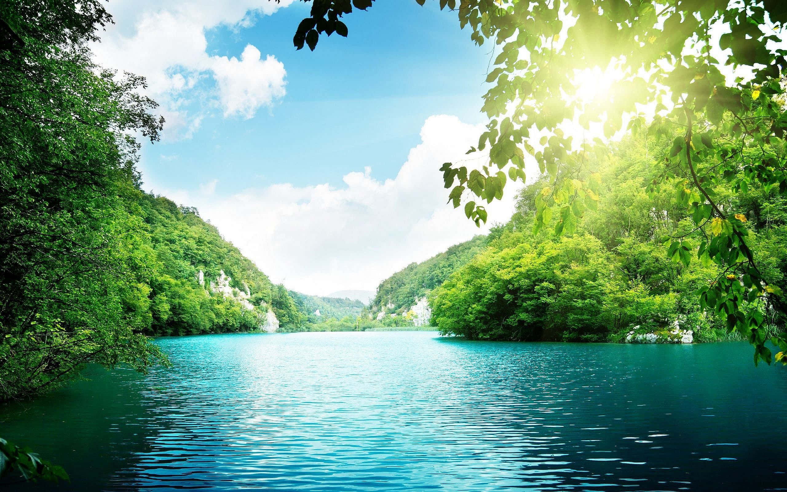 Spring Water, turquoise lake, lush green trees, 2K Desktop Wallpaper