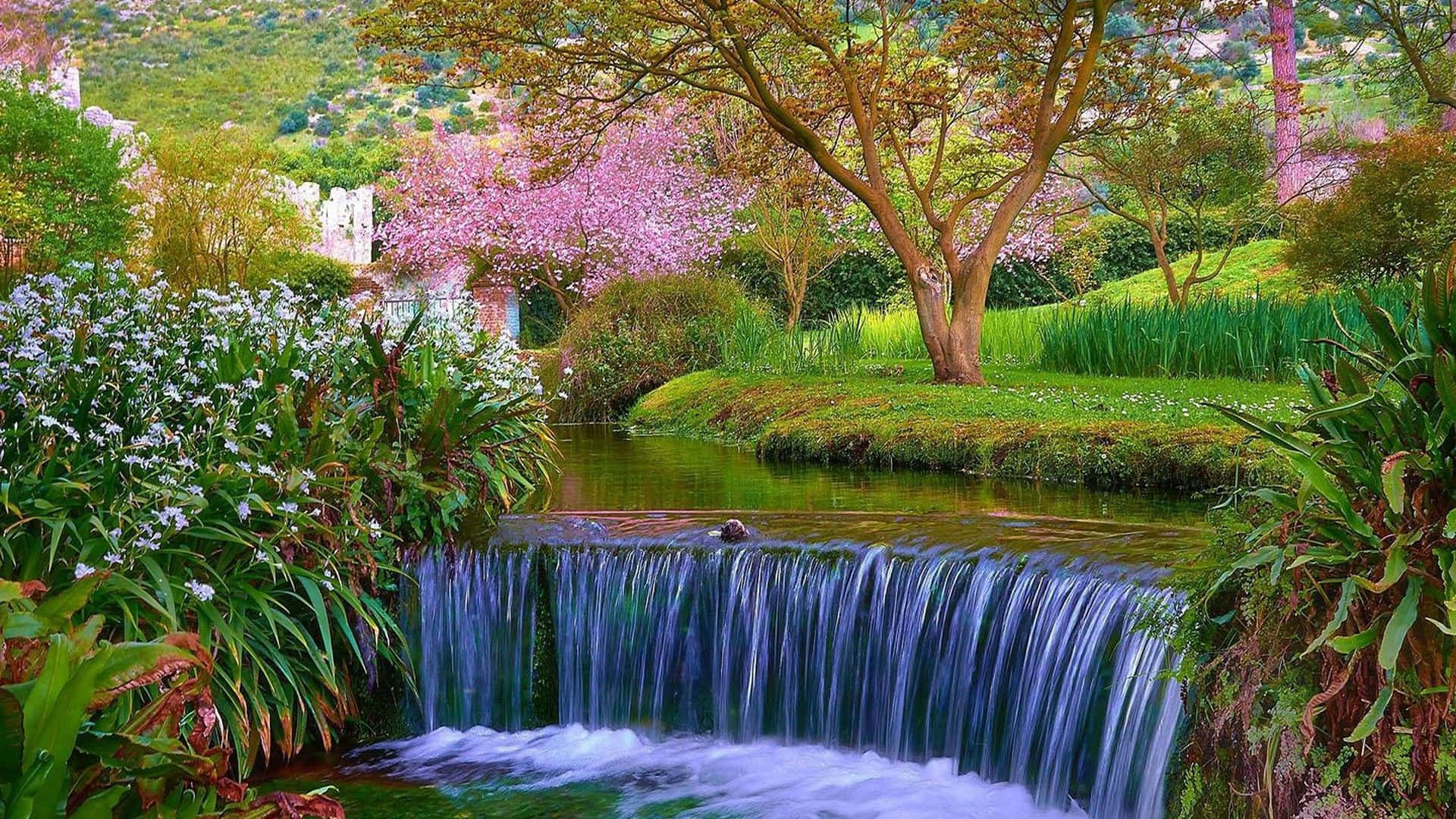 Spring Water, waterfall, lush garden, Full HD Desktop Wallpaper