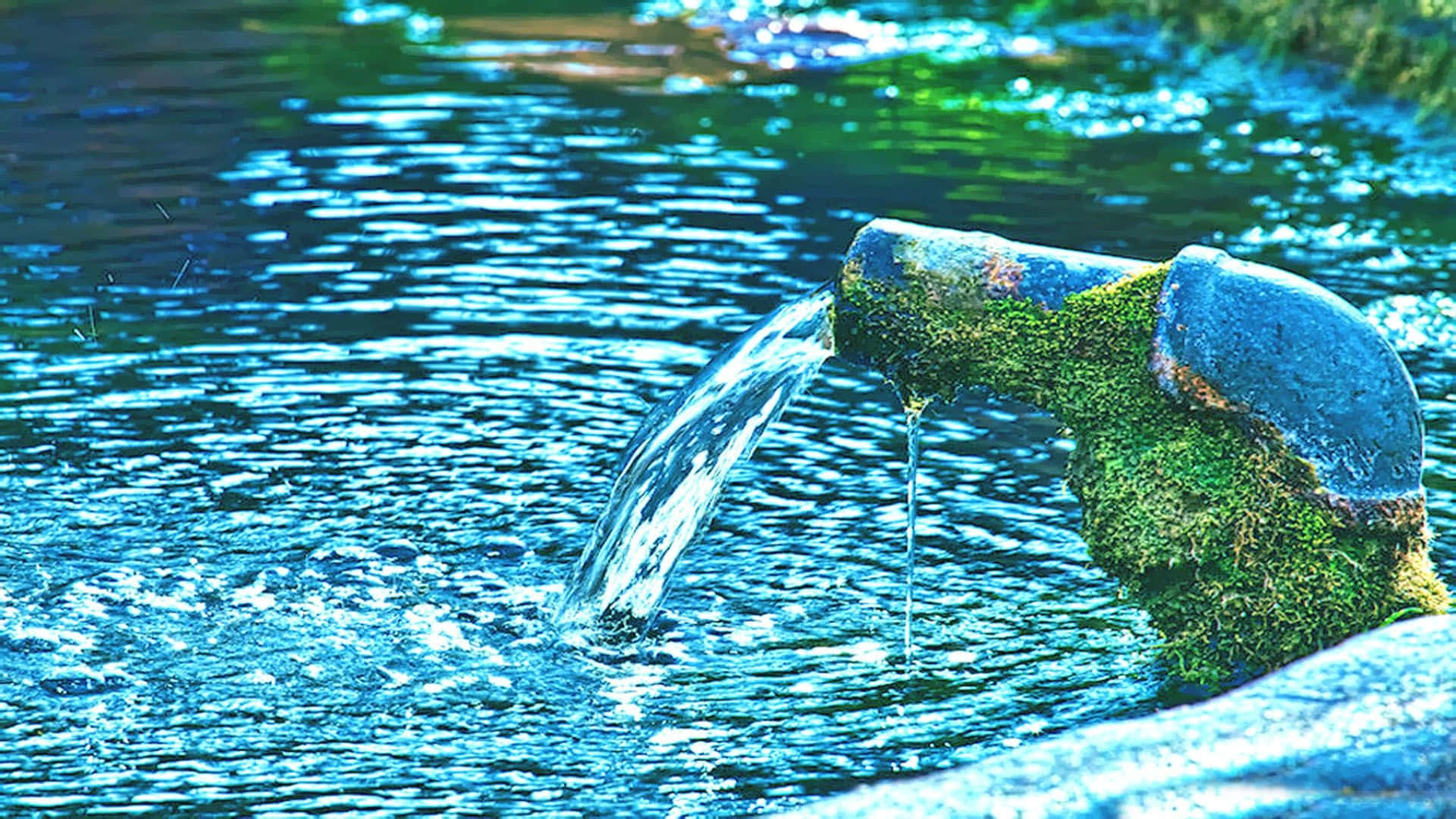 Spring Water, moss-covered metal spout, clear water, Full HD Desktop Wallpaper