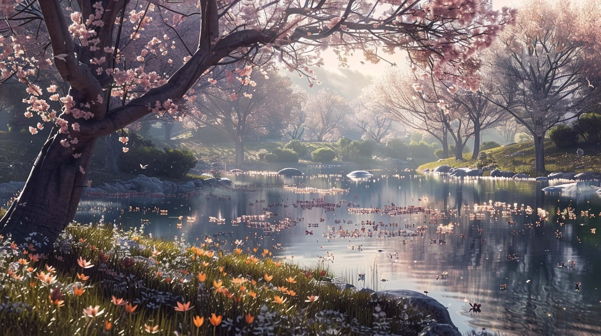 Springtime Serenity, cherry trees, pink reflections, Full HD Desktop Wallpaper